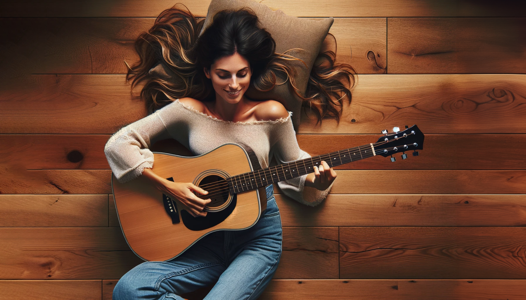 DALL·E 2024-03-22 13.33.58 - Aerial view of a woman lying on a hardwood floor, holding and playing an acoustic guitar. The scene captures her from above, as she smiles and strums_.png