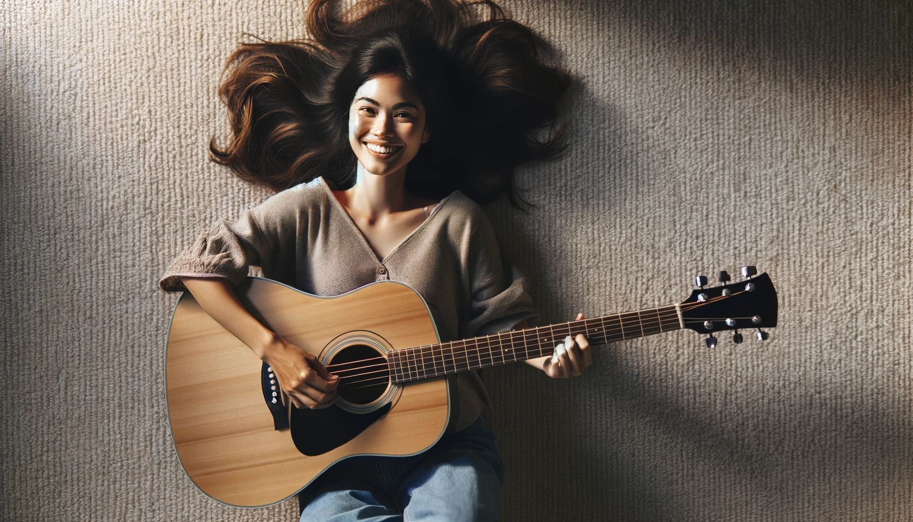 DALL·E 2024-03-22 13.32.55 - Aerial view of a woman laying on the floor with an acoustic guitar. She is smiling and strumming the guitar. The scene is shot from directly above, sh.png