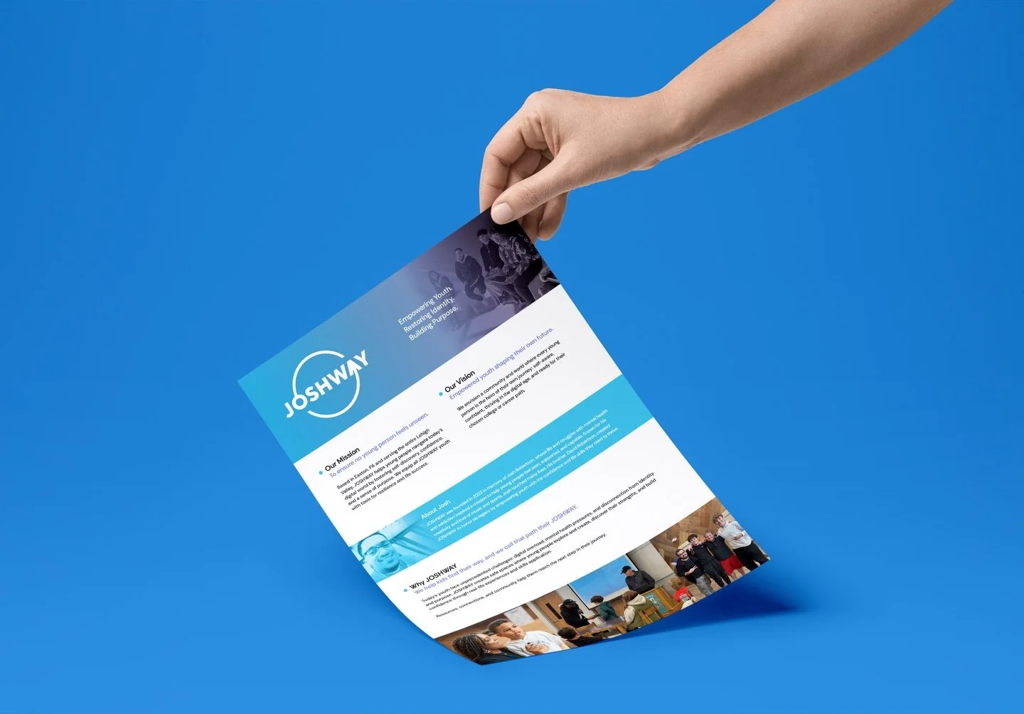 A one-pager doesn't sound like much.
Until you realize what it has to do.

JOSHWAY came to us for something small on paper, but critical in impact. A piece that could open doors. Start conversations. Carry their story into rooms they're not in.

We t