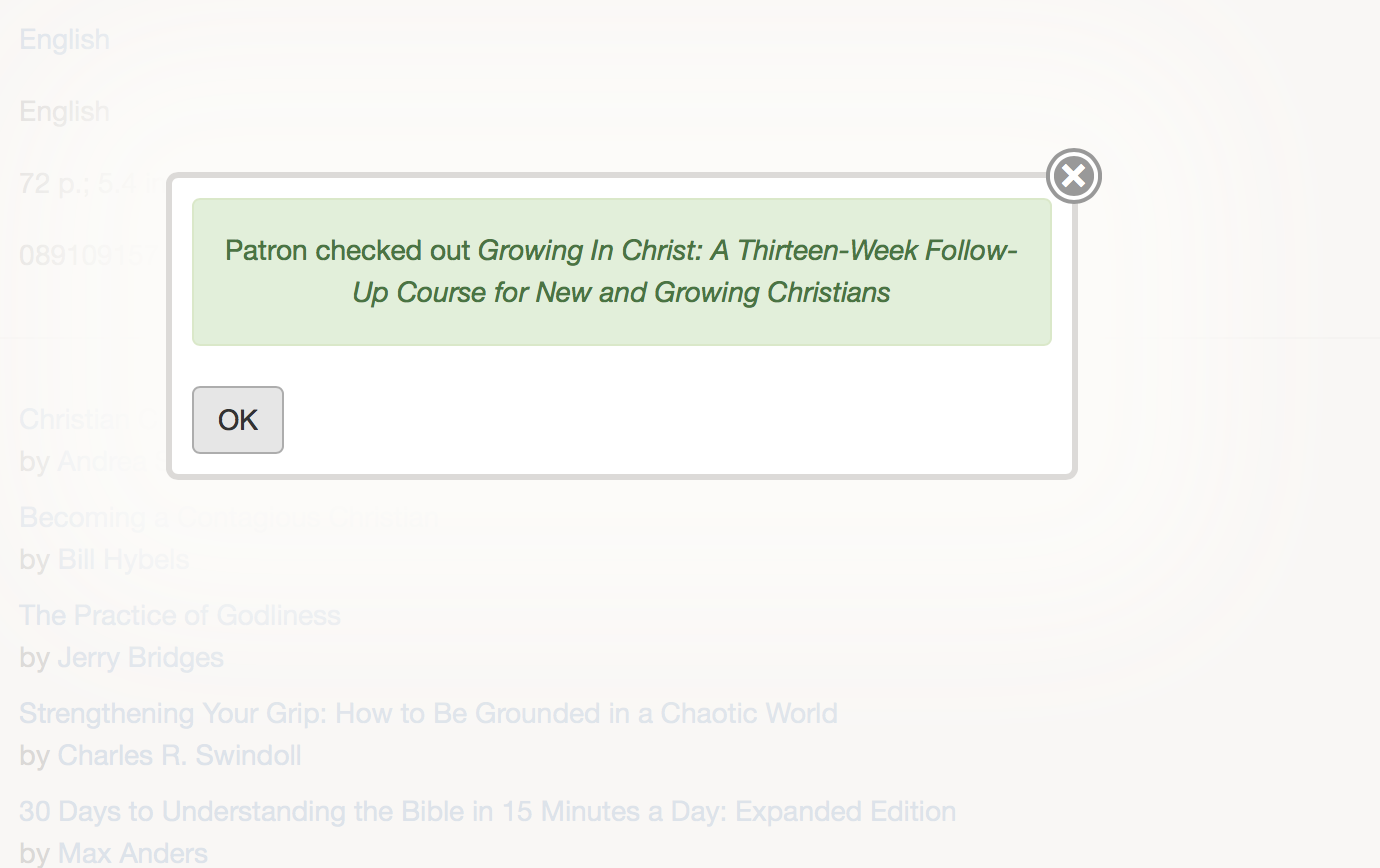 The screen will show confirmation that you have checked the book out. Click "Ok". 