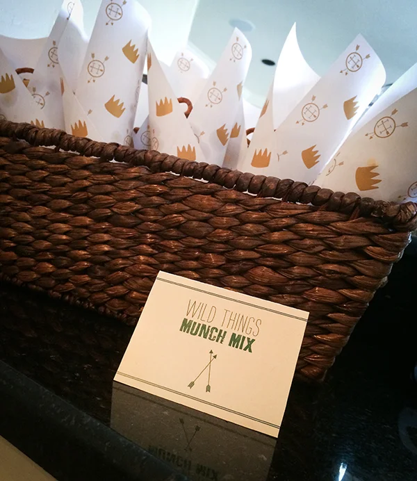 we had scratch cater the party and had all sorts of delicious food like pancetta "max" and cheese, pigs in a blanket (with local, oklahoma buffalo for the meat), hummus & pita and our own homemade monster munch trail mix, served in custom paper cones!