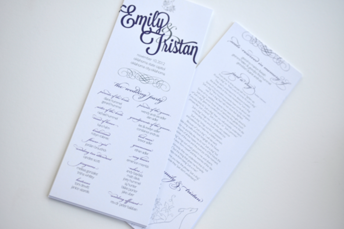 a purple + ivory wedding program