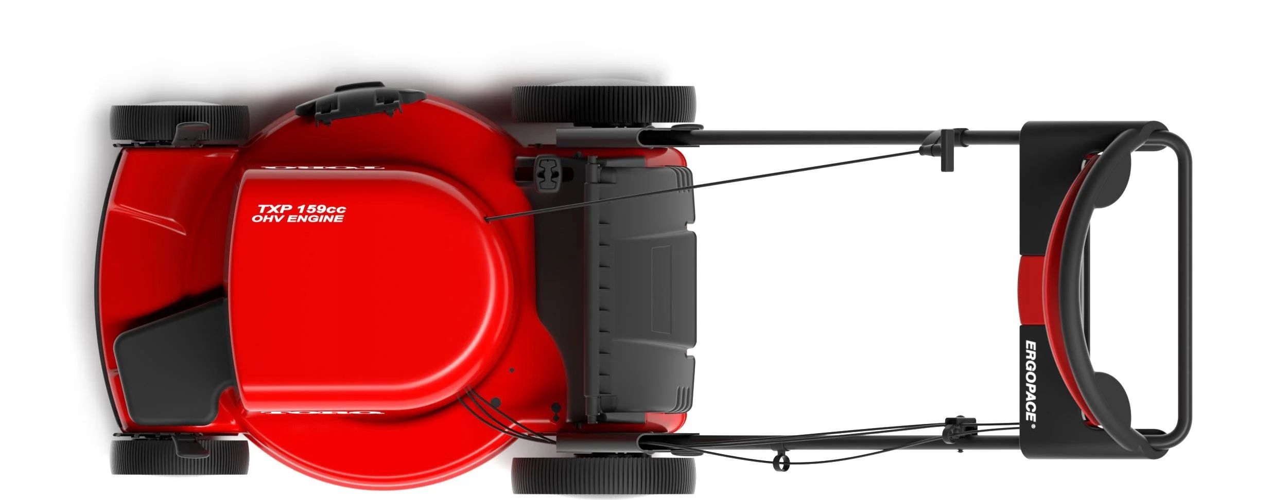 Top view of a red lawnmower with black wheels, a black handle, and a label that says 'TXP 159cc OHV ENGINE'