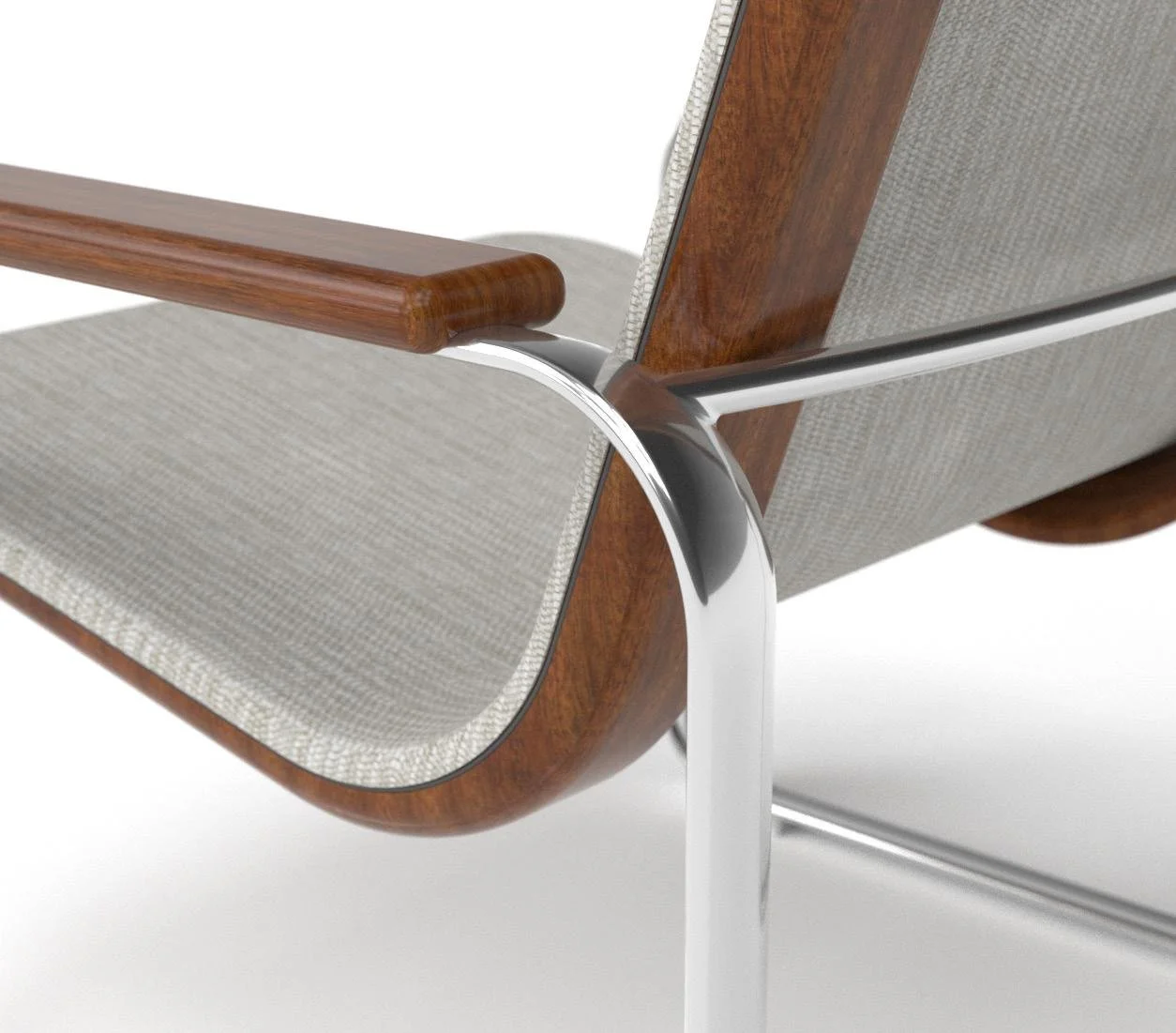 Close-up of a modern lounge chair showing wooden armrest, metal frame, and beige fabric upholstery.