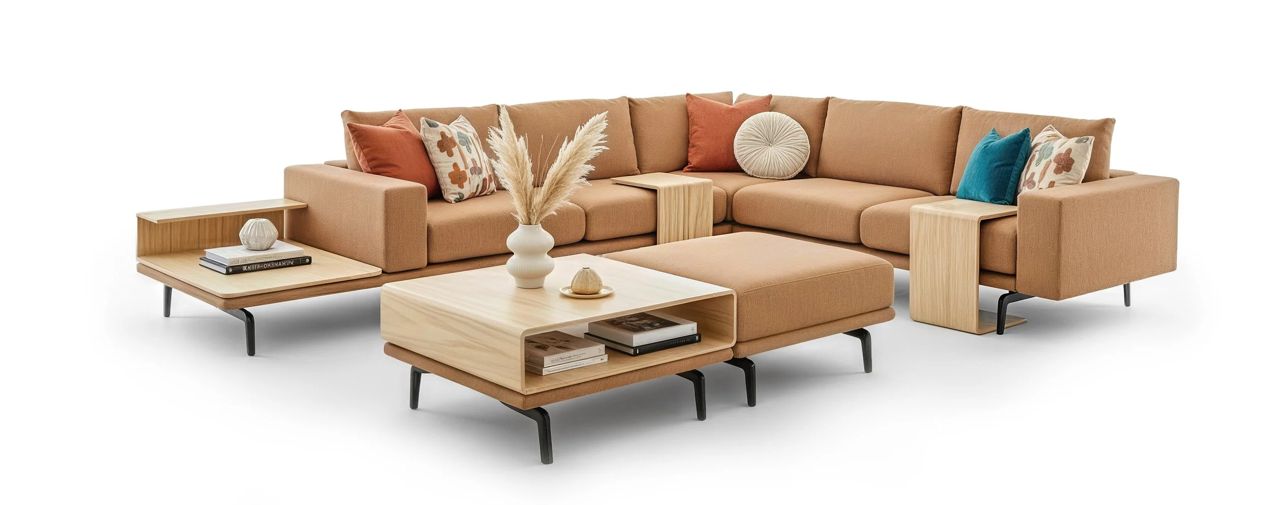 A stylish beige sectional sofa with colorful pillows, a round ottoman, and wooden side tables on a white background.
