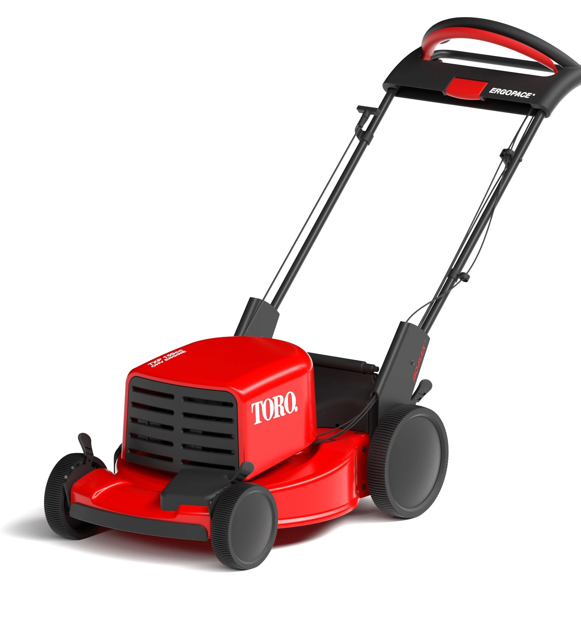 Red Toro outdoor power equipment with black accents, large black wheels, black handles, and a grille on the front, branded with the Toro logo.