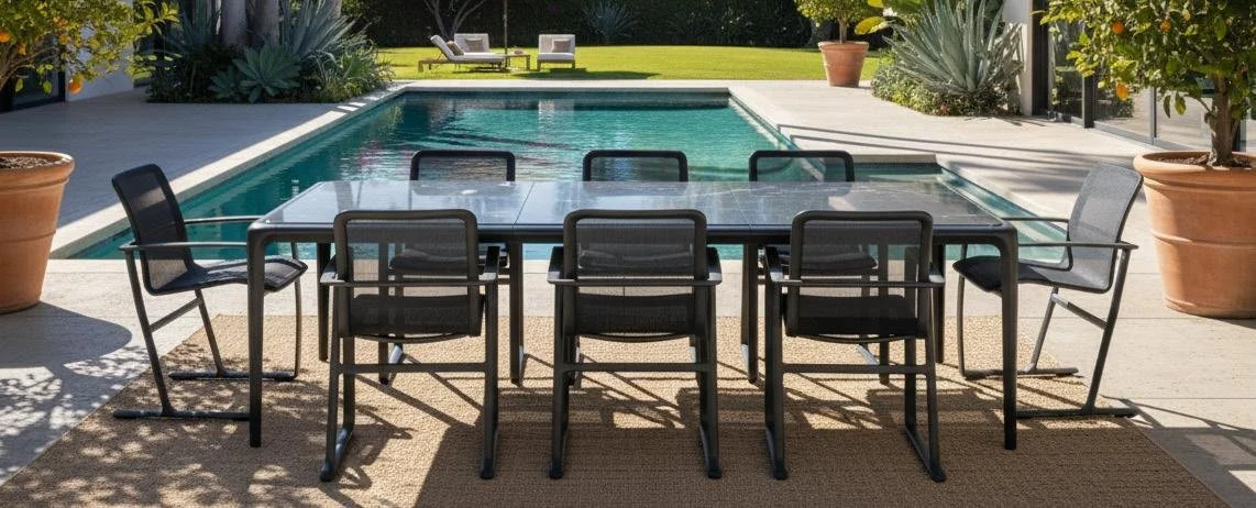 Outdoor backyard scene with a rectangular swimming pool, patio table with six chairs, potted plants, and lounge chairs on the grass in the background.