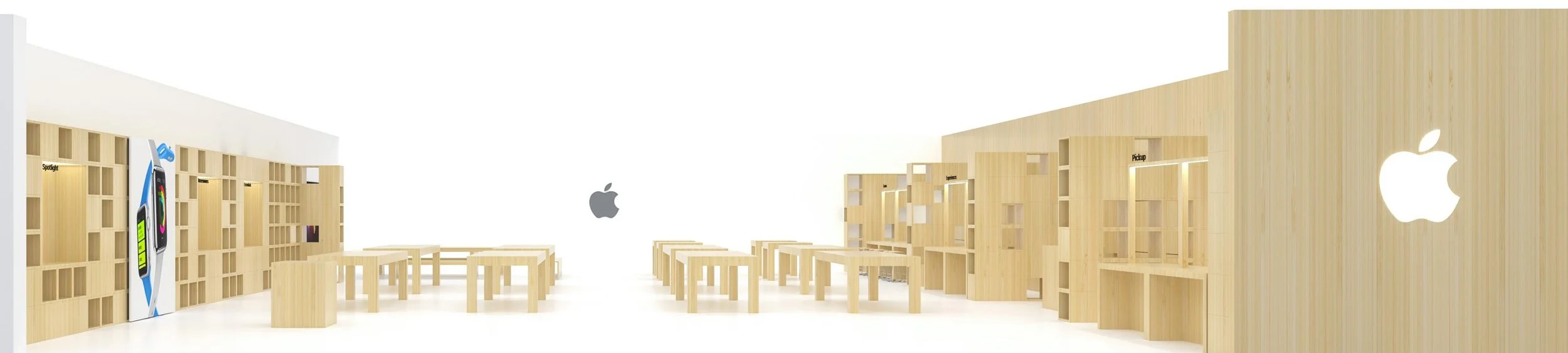 Apple Store interior with light wooden shelves, tables, and walls, featuring Apple logos and display advertisements for Apple Watch and iPhone.