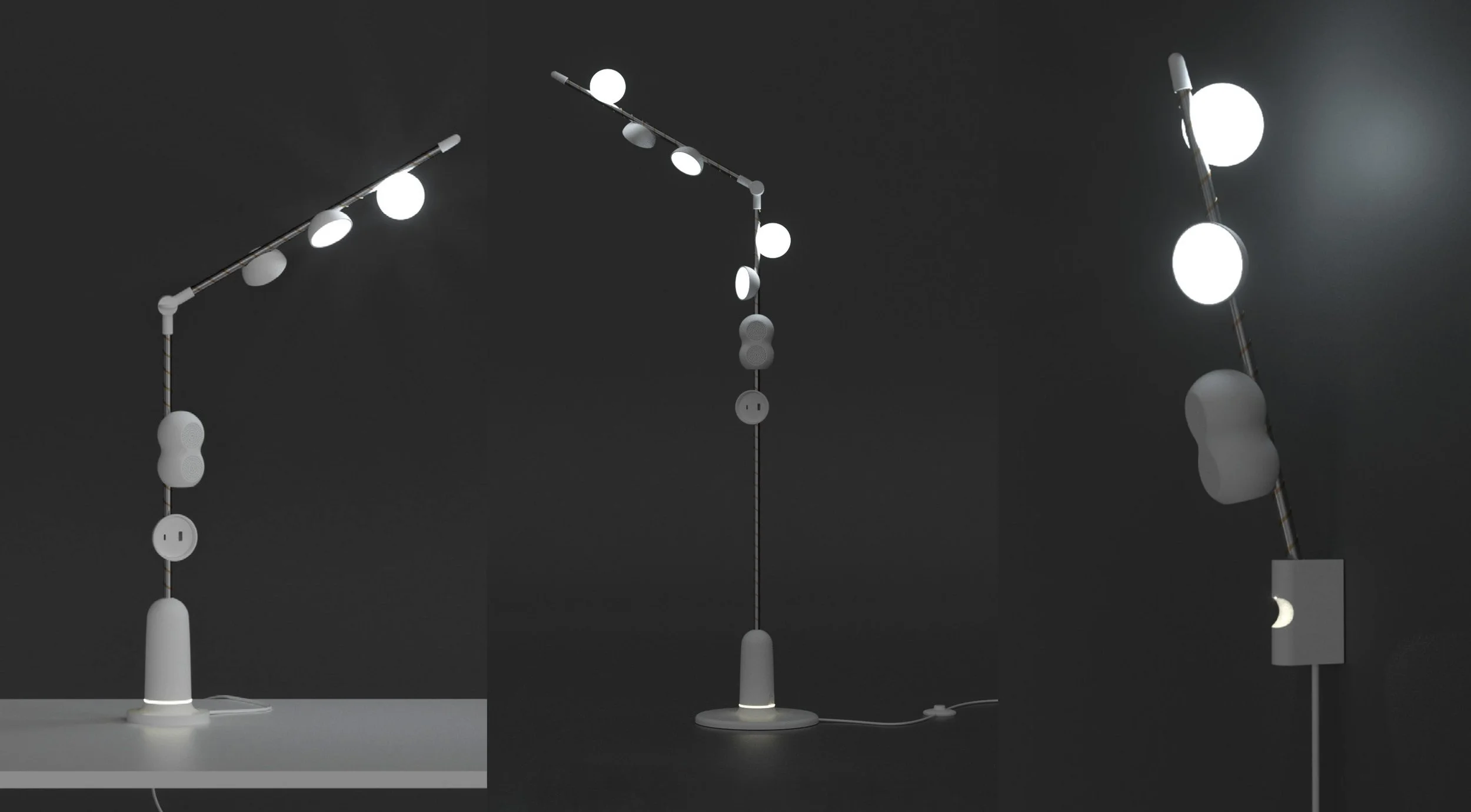 A modern, minimalist ceiling light fixture with multiple white round globes attached to black and white striped rods, hanging at various lengths against a dark background.