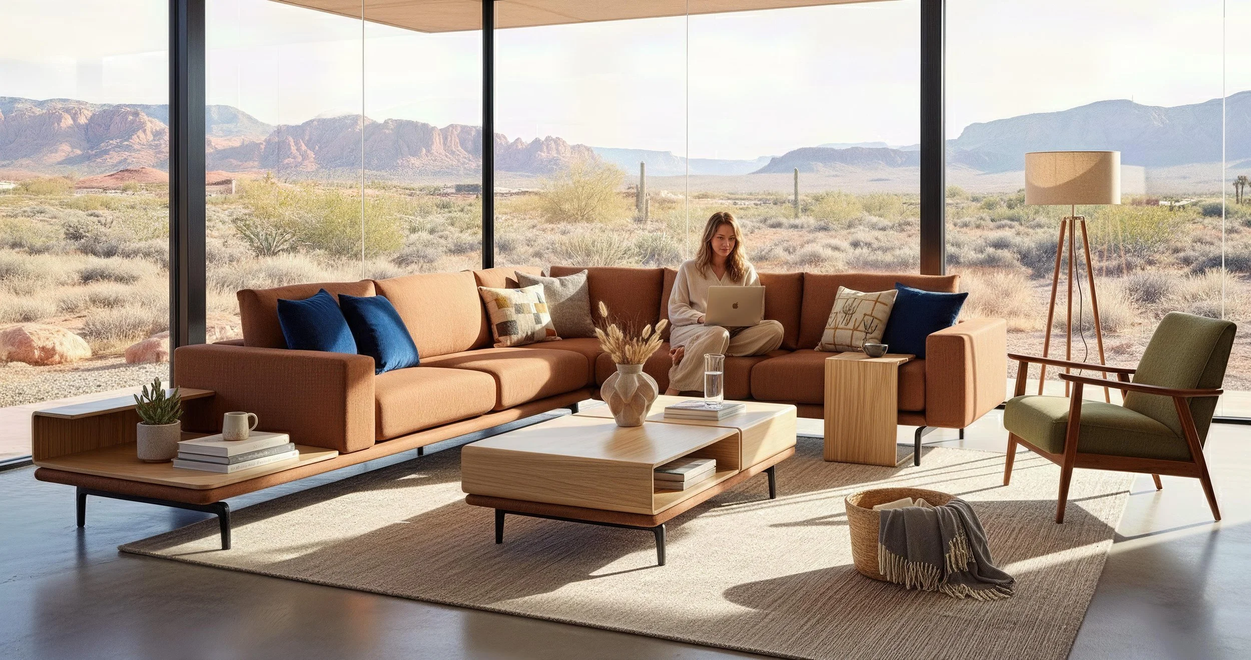 Living room with large glass windows showing desert landscape with mountains and cacti, furnished with a large orange sofa, green armchair, wooden coffee table, lamps, and decorative pillows.