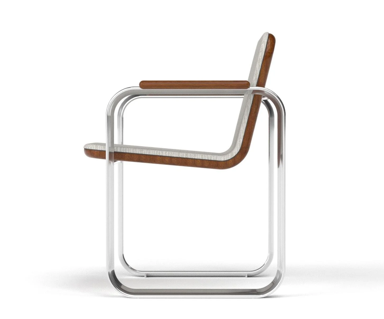 Side view of modern chair with chrome frame, wooden armrests and backrest, and fabric upholstery