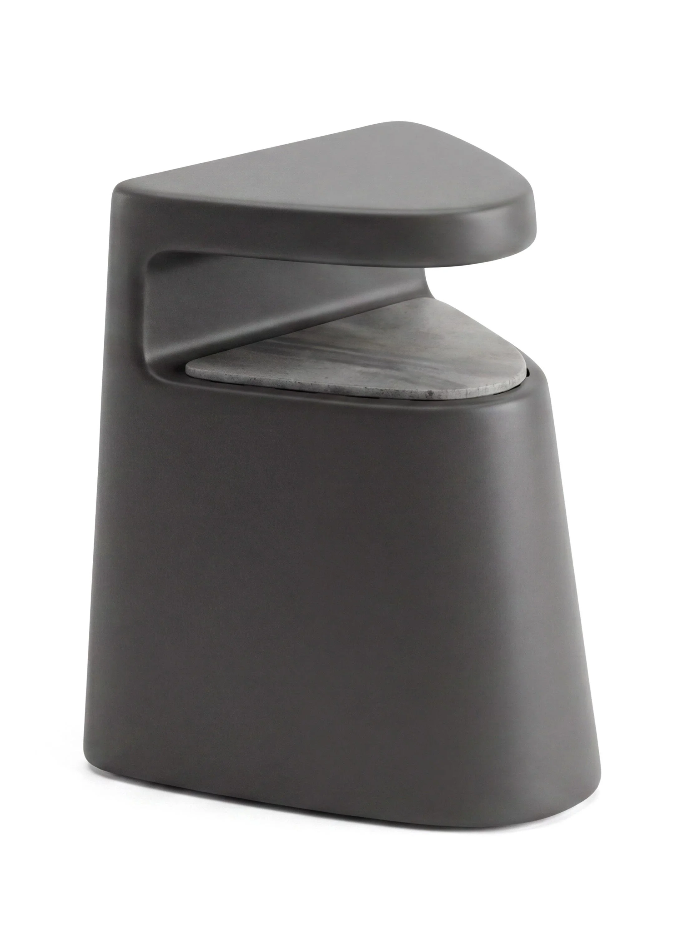 Modern, gray, cone-shaped trash can with a curved opening