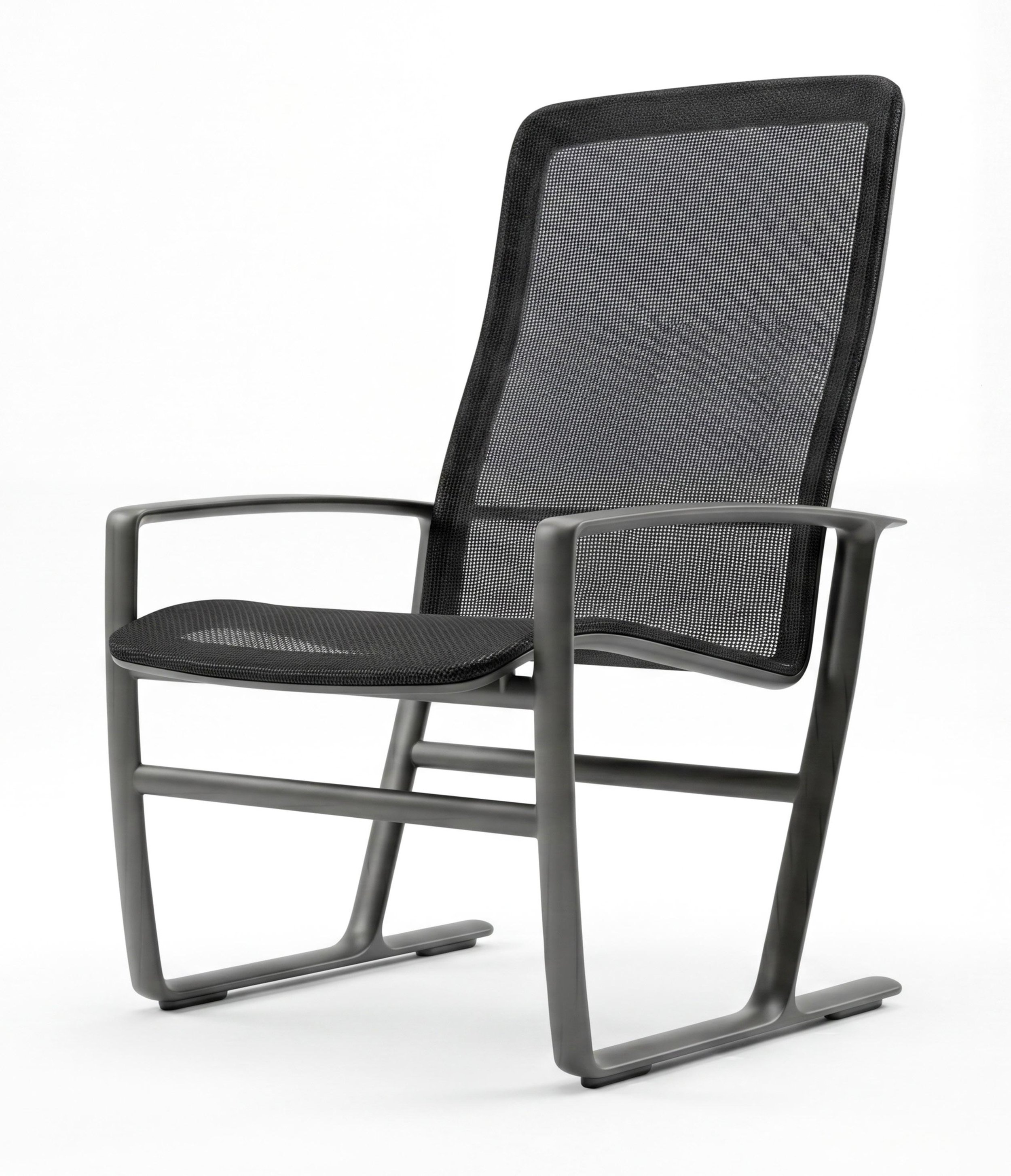 Black mesh office chair with gray armrests on a white background.