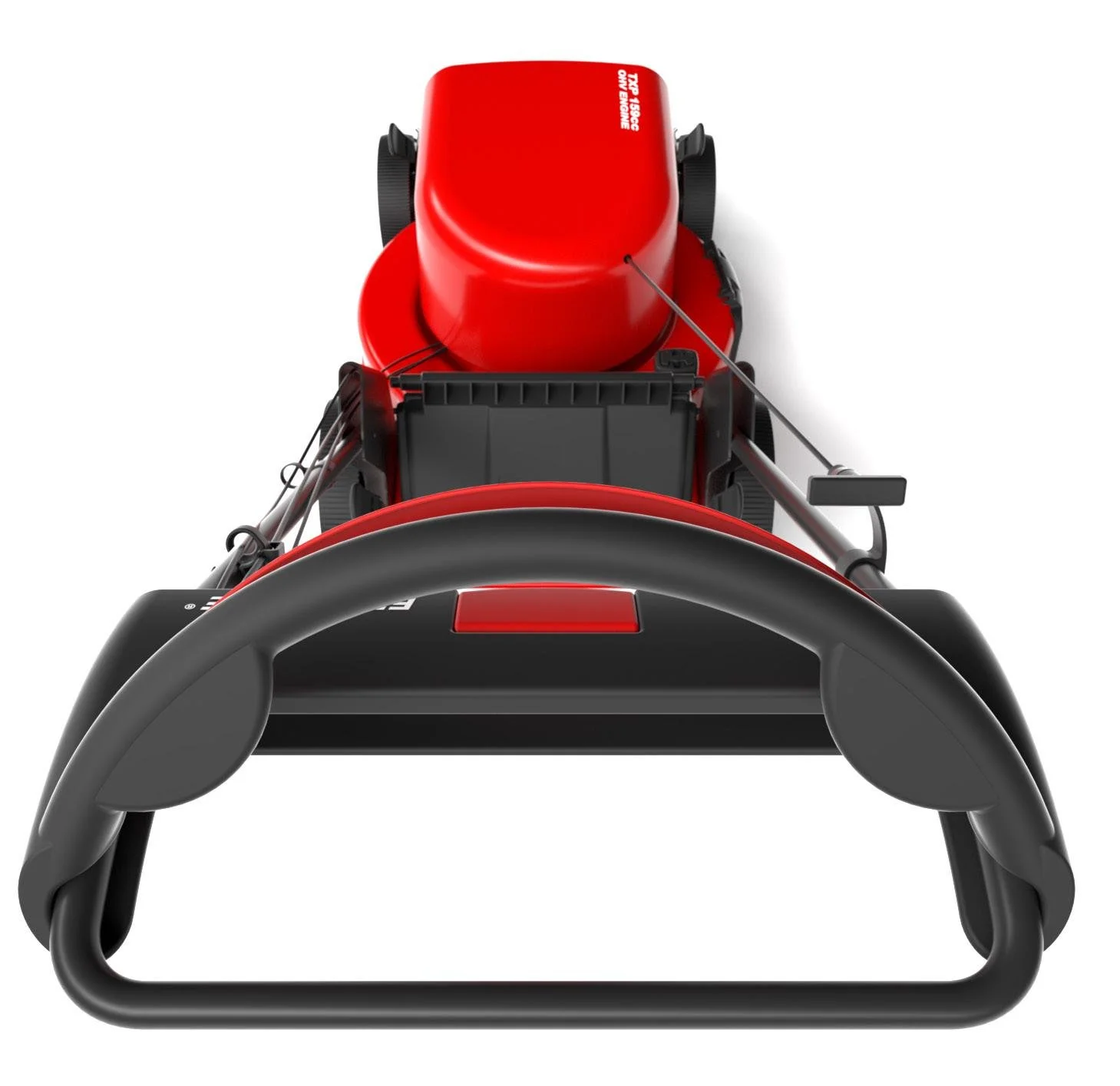 Front view of a red and black electric lawn mower with a red safety key and black handlebar.