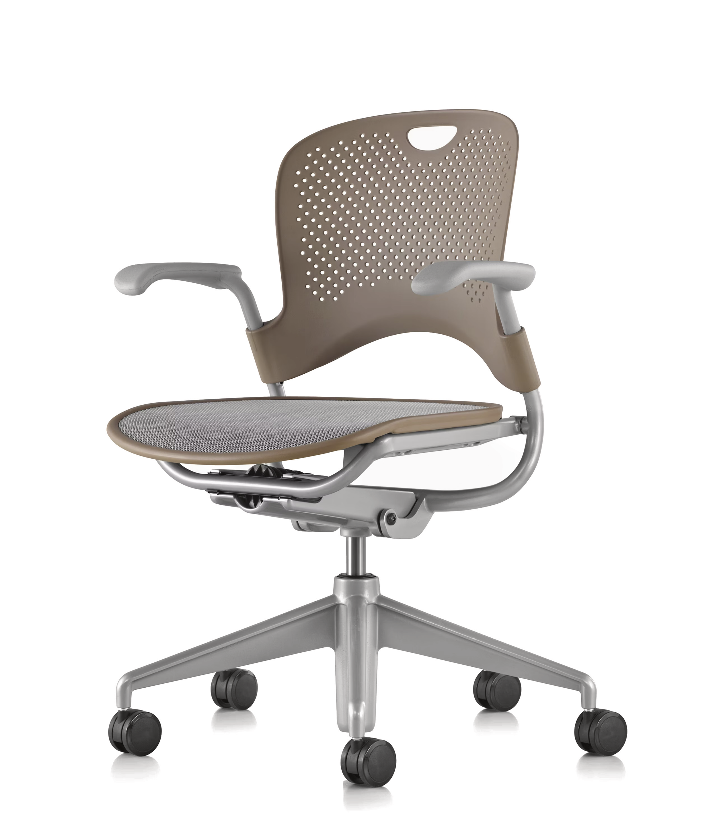 A modern beige and gray ergonomic office chair with a perforated backrest, adjustable armrests, and a five-wheel base.