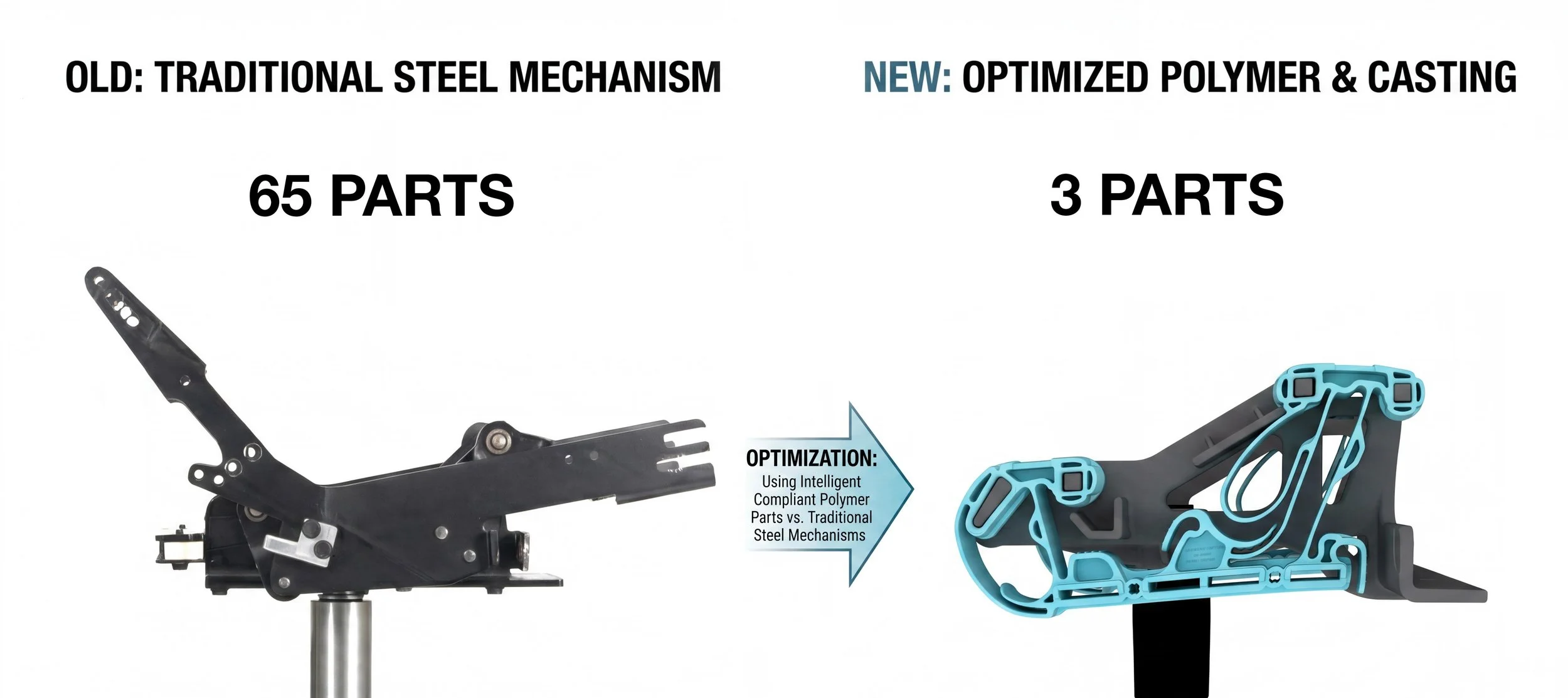 Comparison of traditional steel mechanism with optimized polymer and casting design, depicting a significant reduction in parts from 65 to 3.