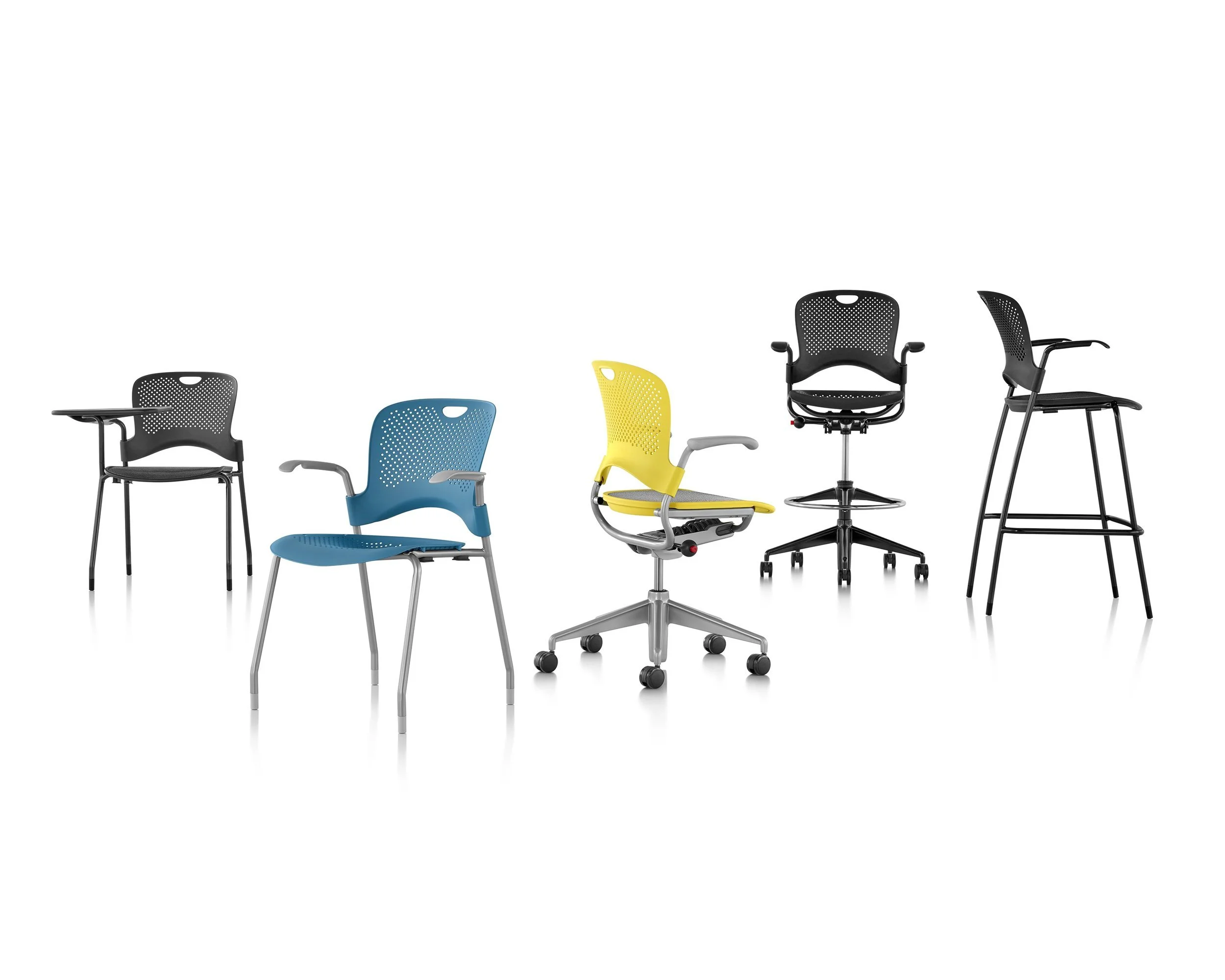 A collection of six office chairs with different colors and designs, arranged in a row on a white background.