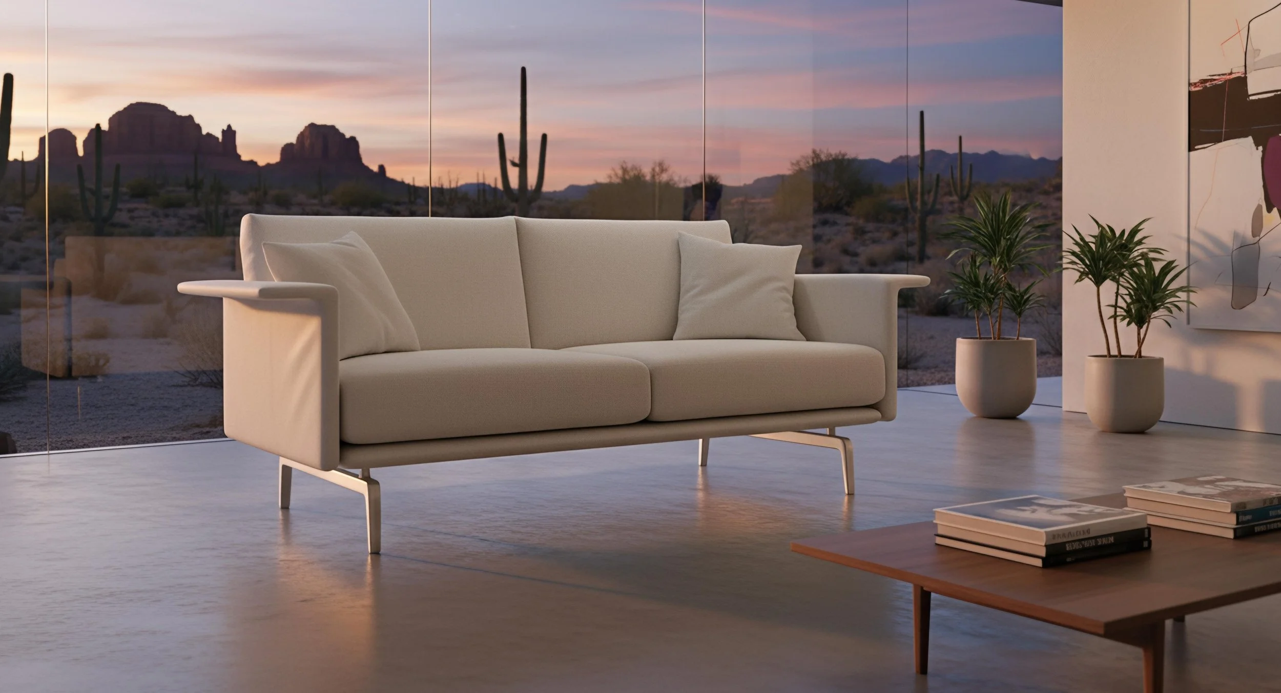 Modern living room with a white sofa, beige pillows, potted plants, and large windows showing desert landscape with cacti and mountains at sunset.