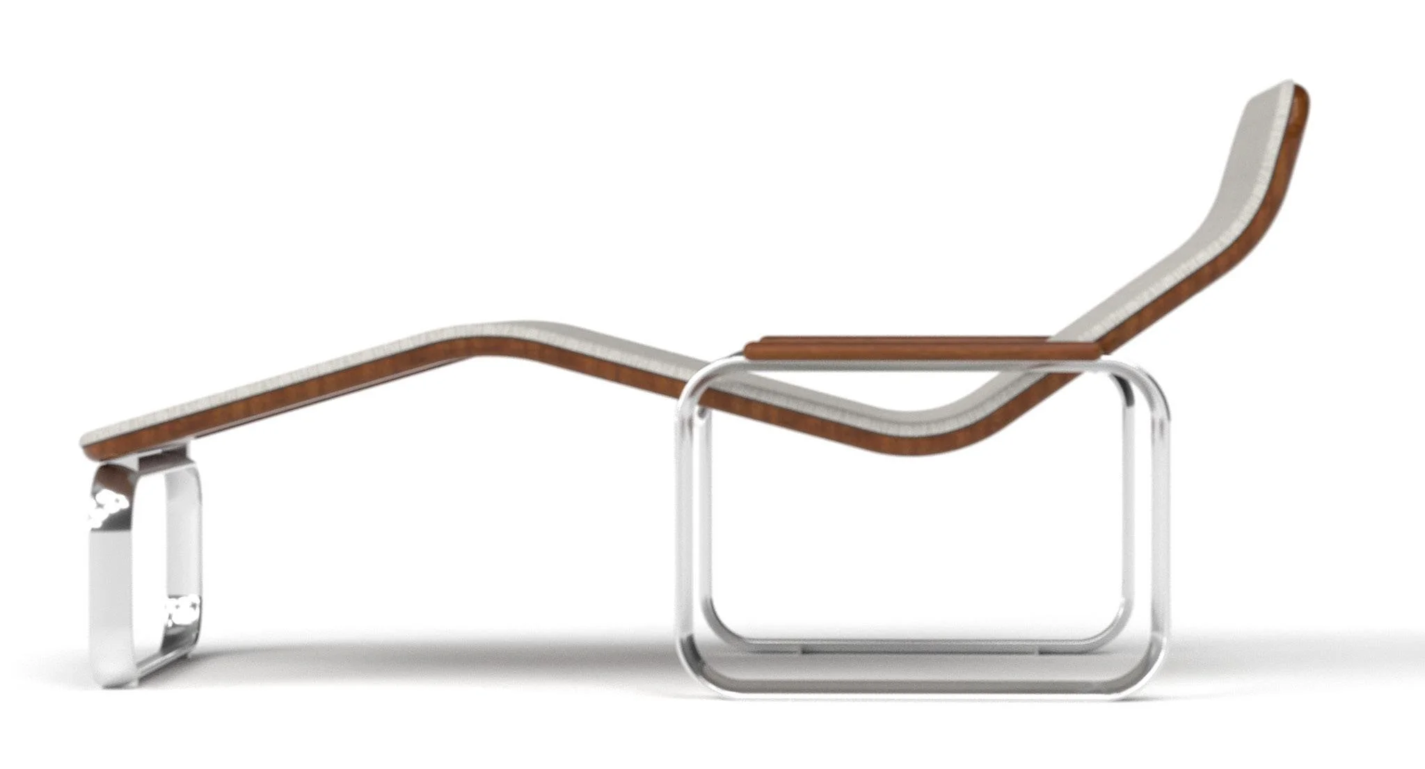 A modern lounge chair with a sleek metal frame, a wooden armrest, and a cushioned seat and backrest, designed for comfort and style.