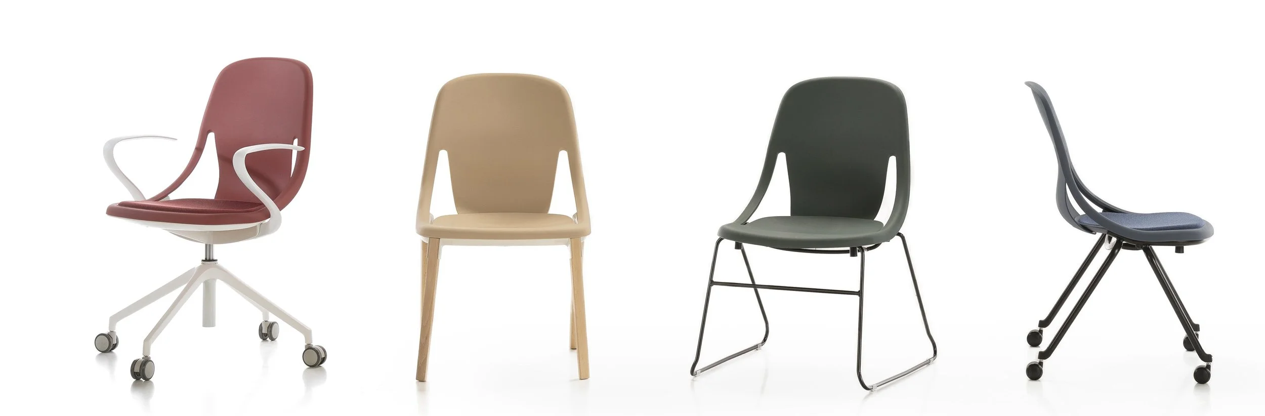 Four different chairs in a row against a white background.