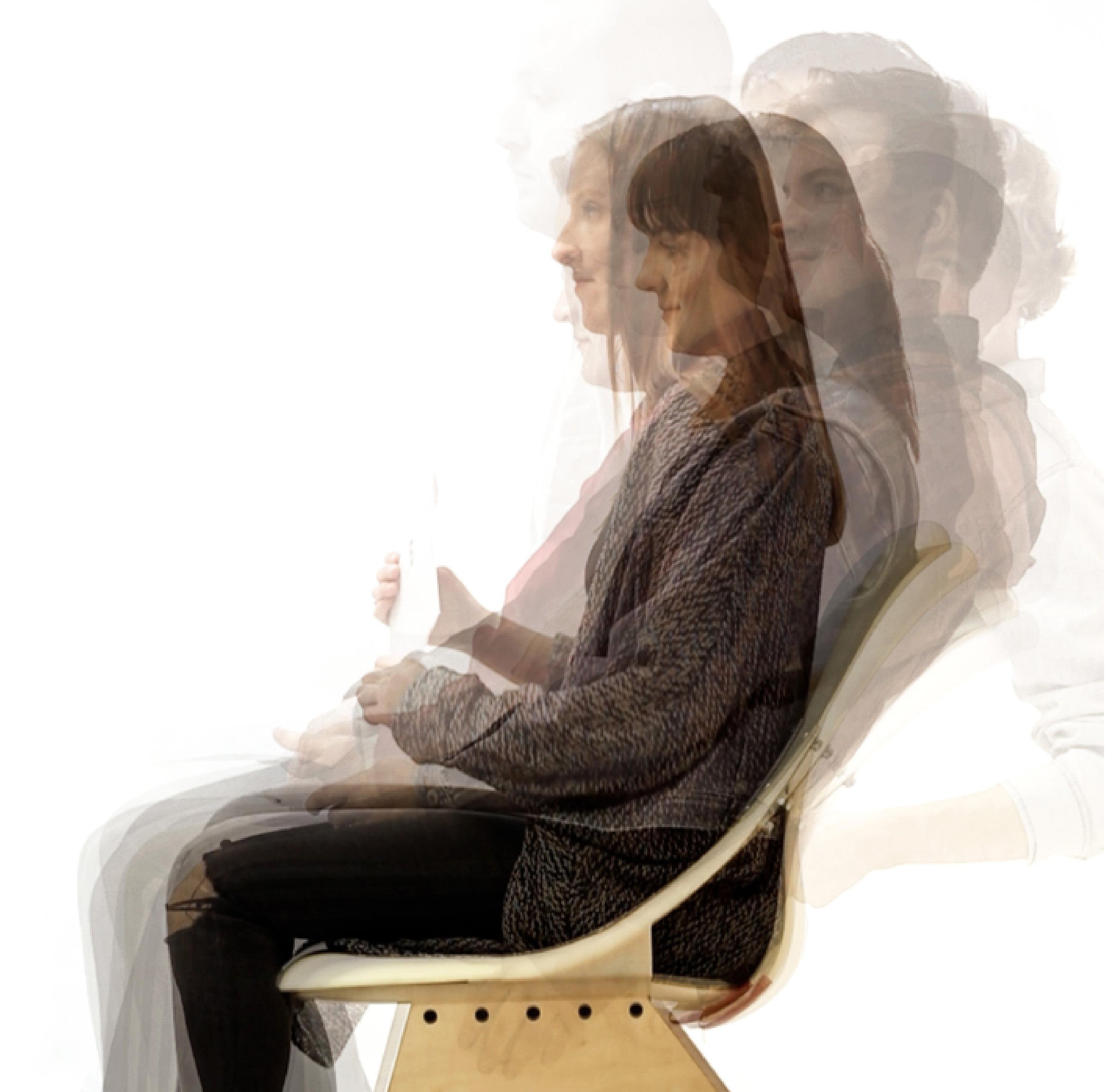 Multiple overlapping images of a woman with long dark hair, sitting on a white bench, wearing a patterned blouse and black pants.