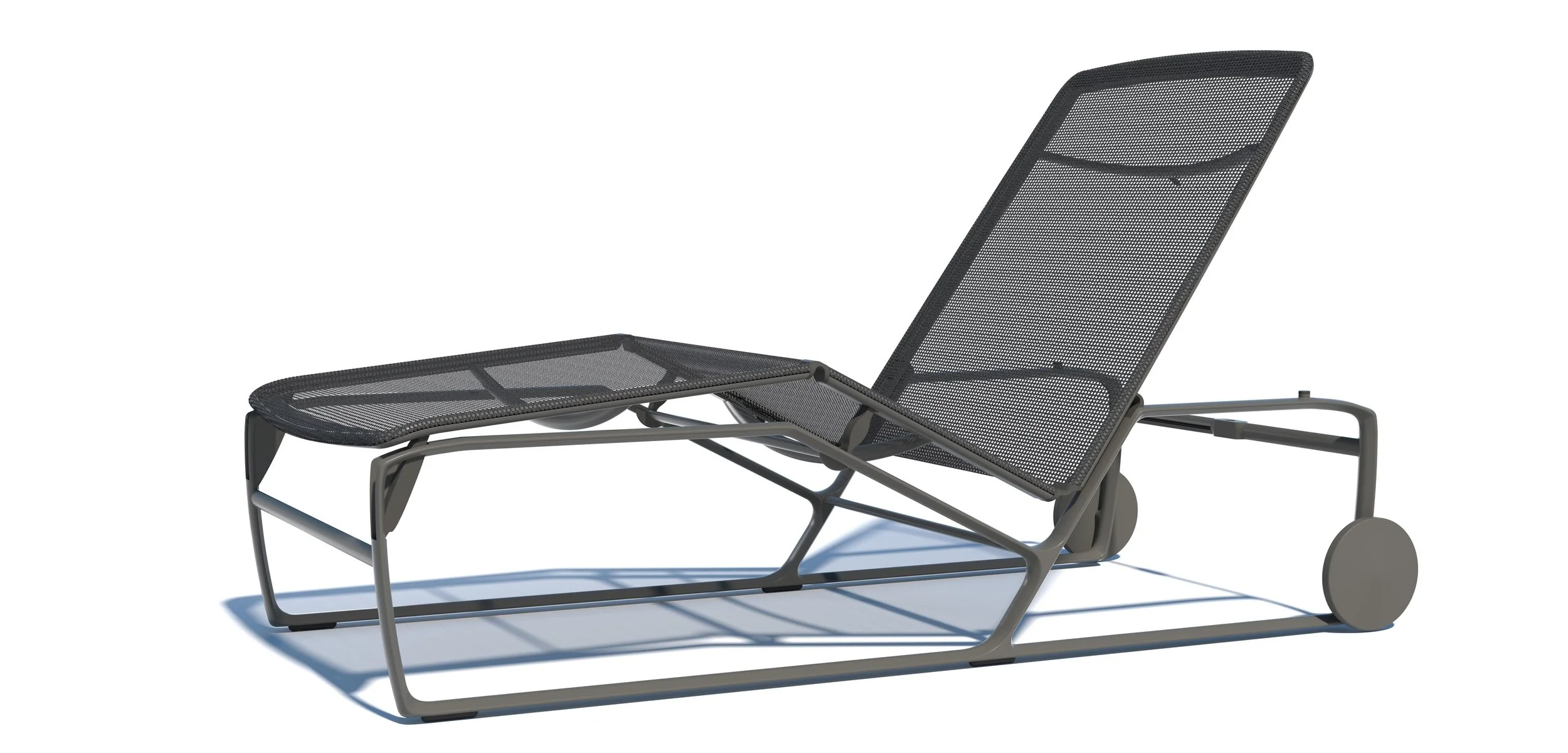 A black mesh outdoor lounge chair with wheels and a matching side table, designed for relaxation.