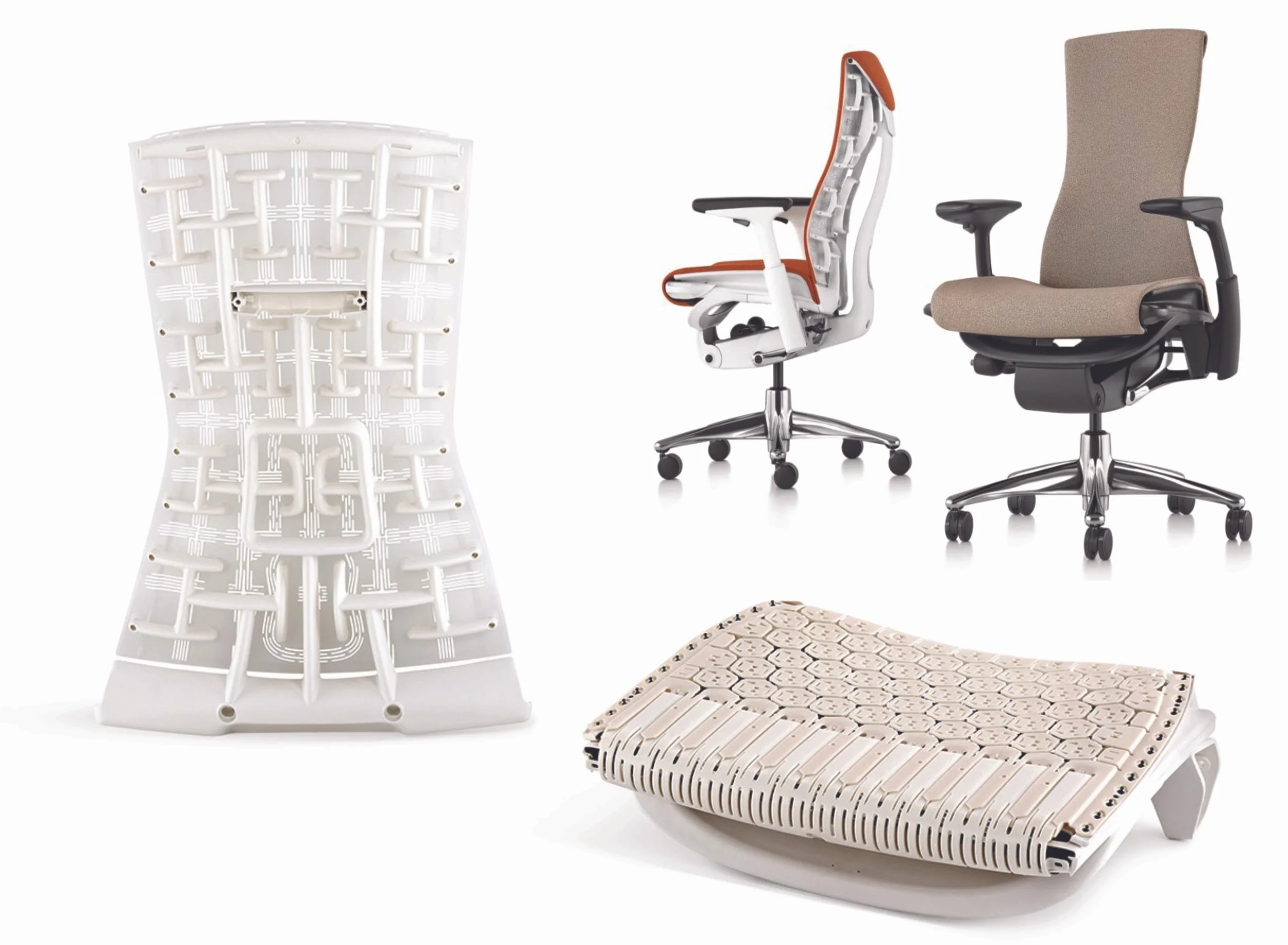 Various ergonomic office chairs and chair parts including a white C-shape plastic frame, two partially assembled chairs with black bases, and beige chair cushions.