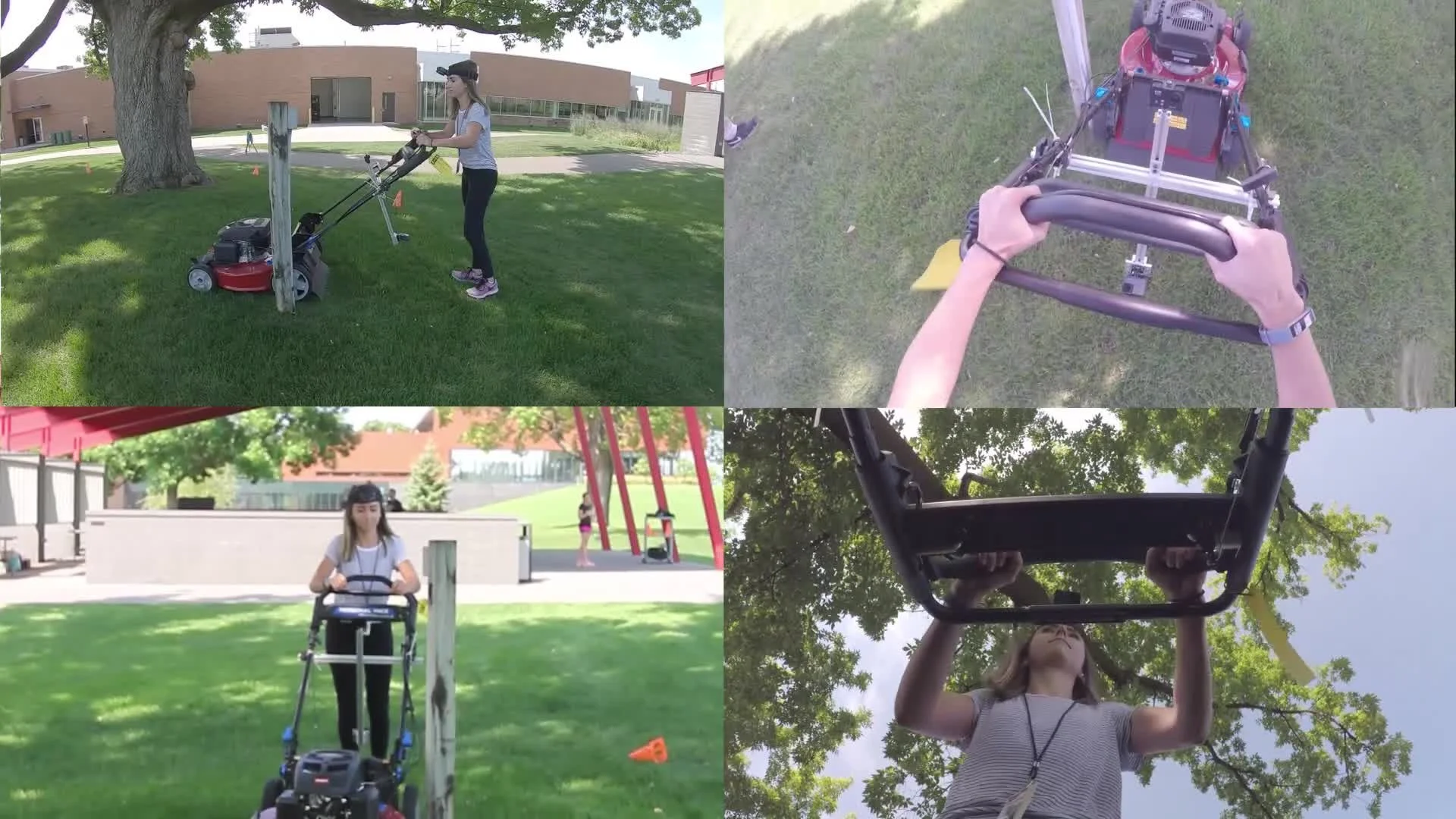 A collage of four images showing women mowing lawns and playing on jungle gyms at a park with green grass, trees, and a building in the background.