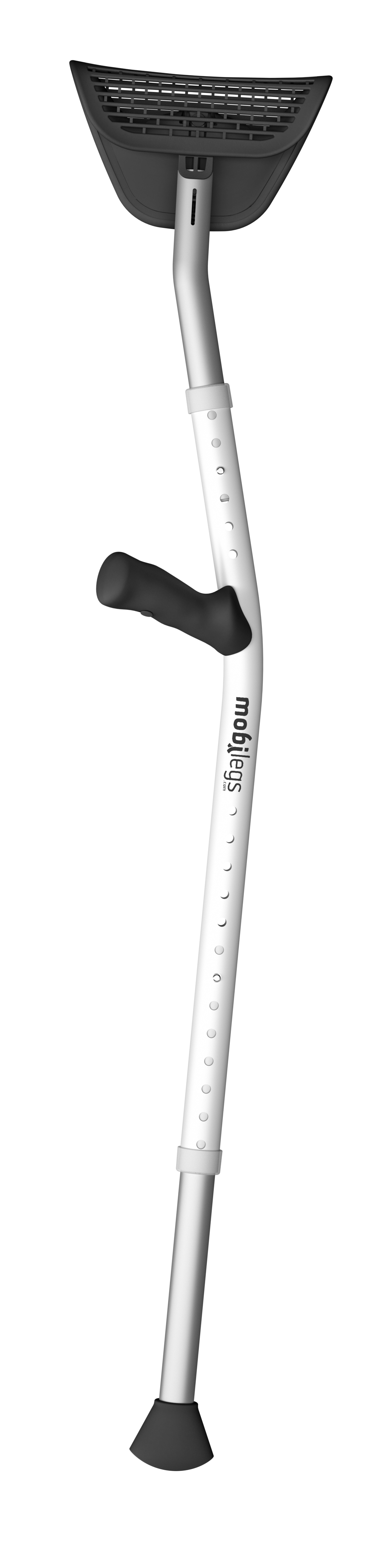 Adjustable white crutches with black rubber grips and feet, labeled 'Maddog,' isolated on a black background.
