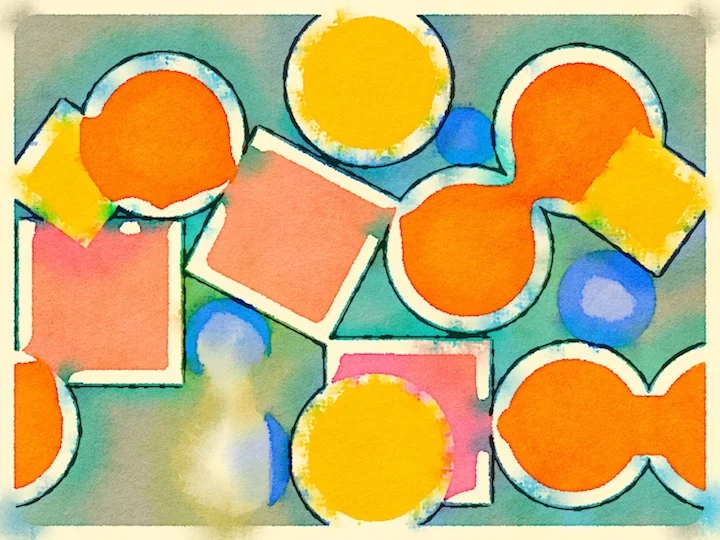 Geometric design don in a children's shape app, taken through Waterlogue.