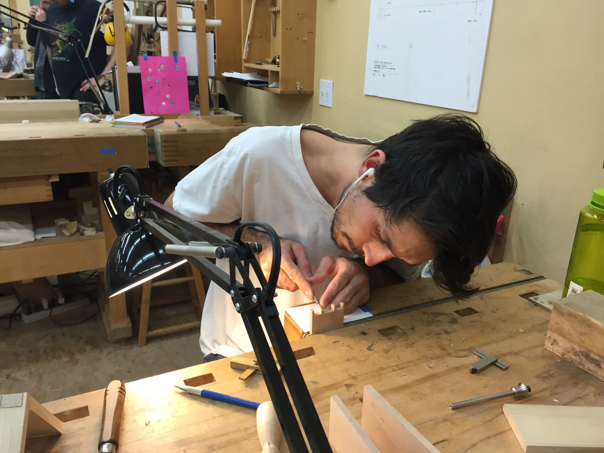  Jesse, my new benchmate this session, working on a small box in Pear&nbsp; 