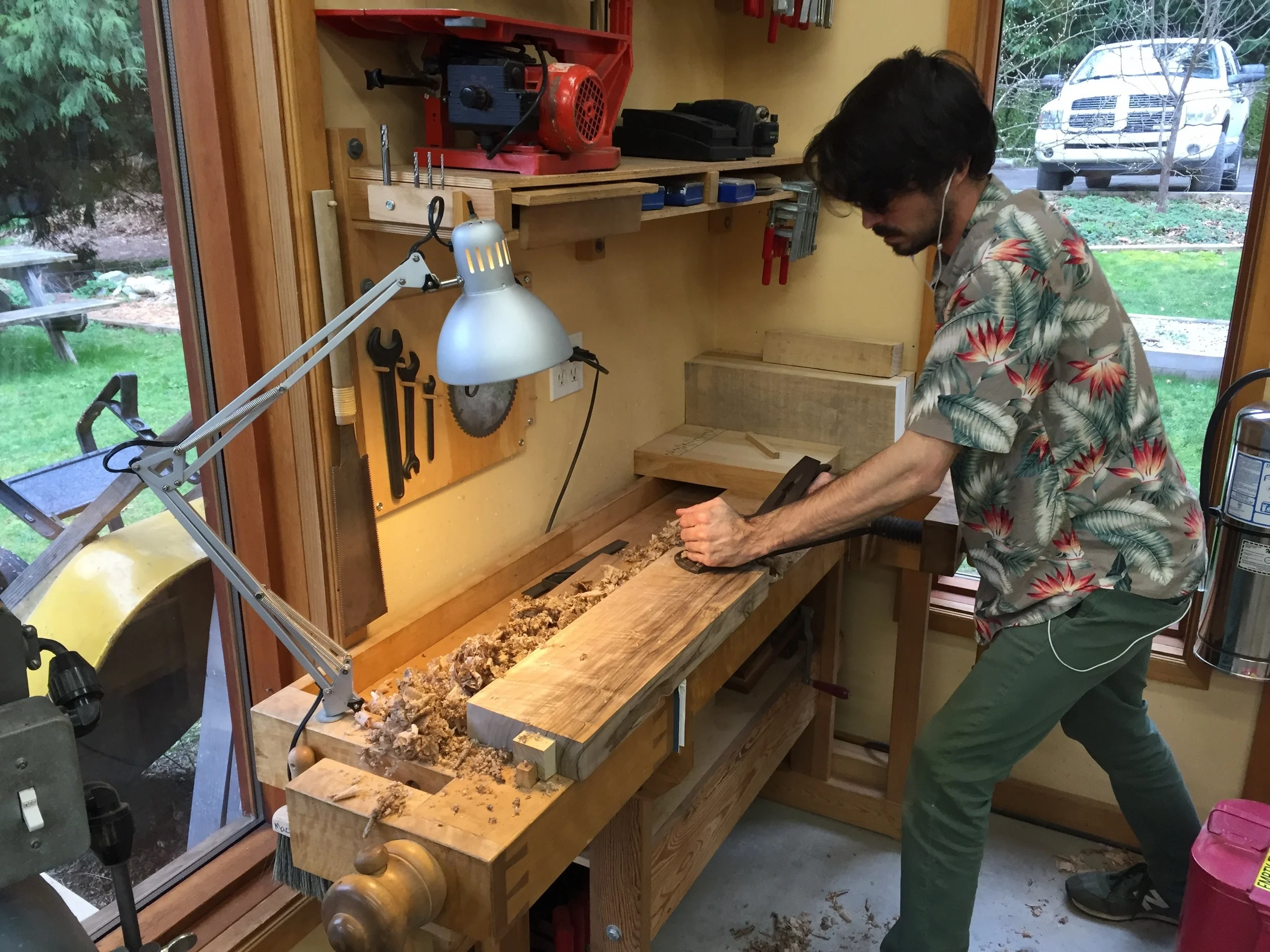  Jesse scrubs a piece of English Walnut for his cabinet 