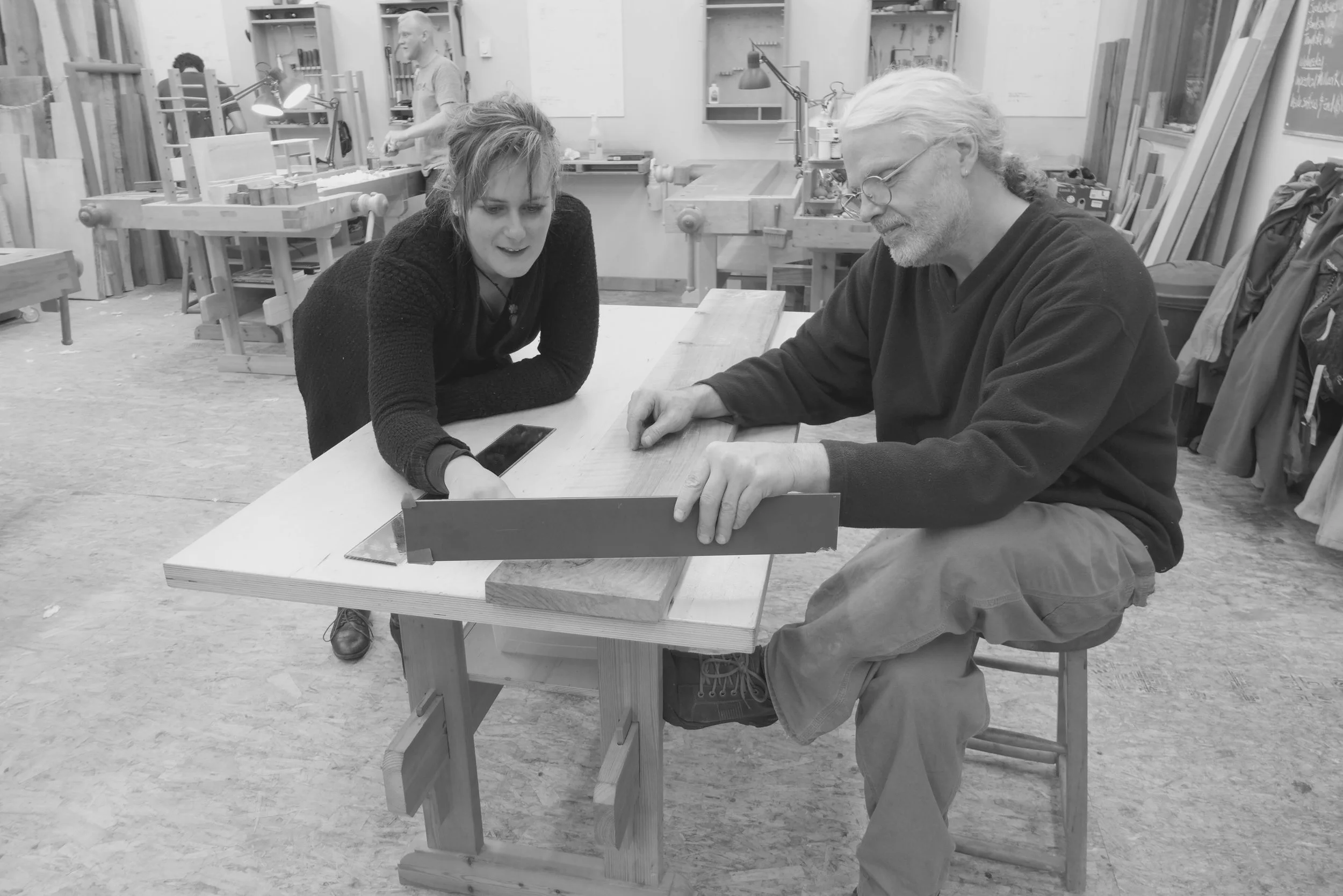  Marion and Robert selecting wood for her lap desk 