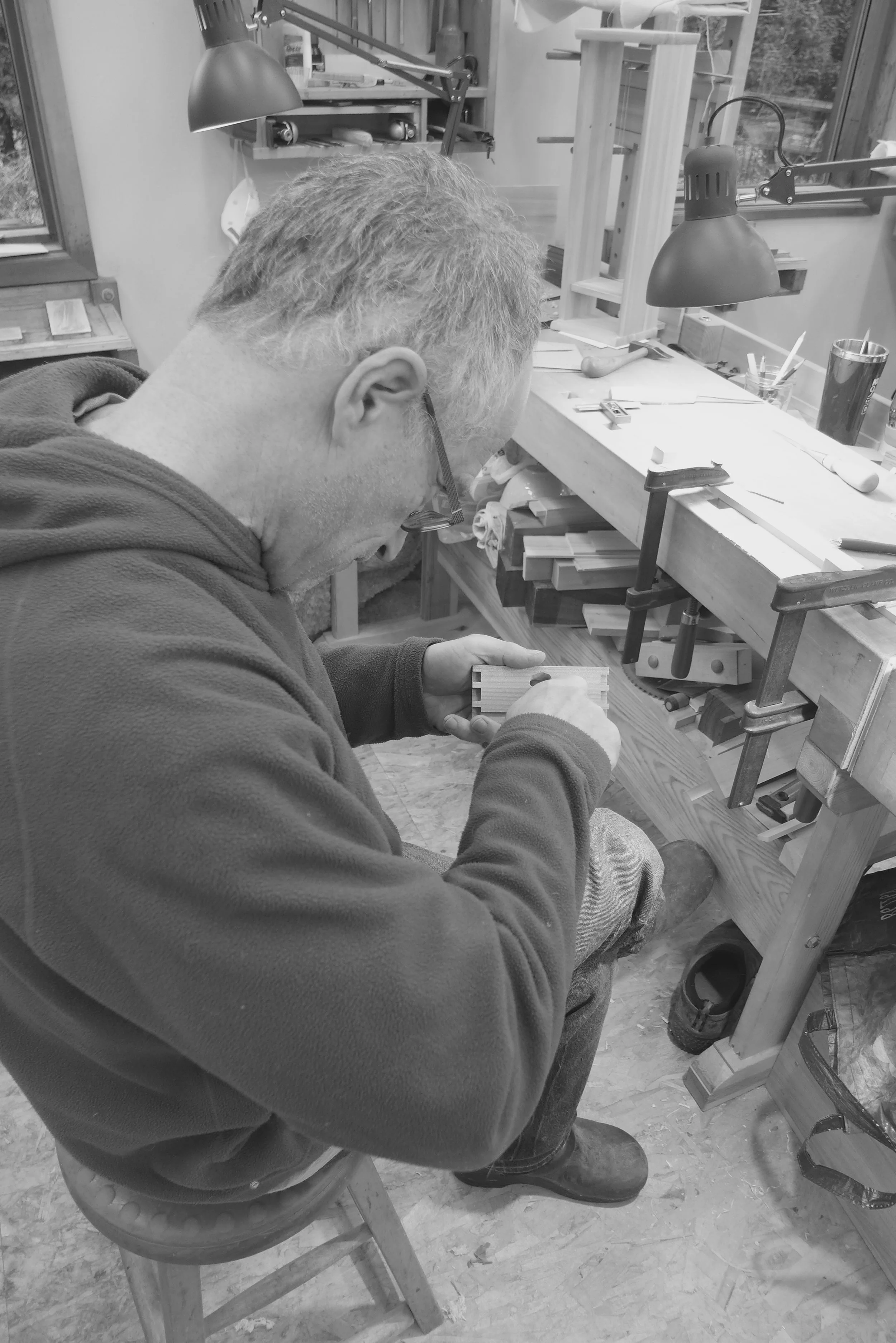  David carving a pull for his drawer in European cherry 