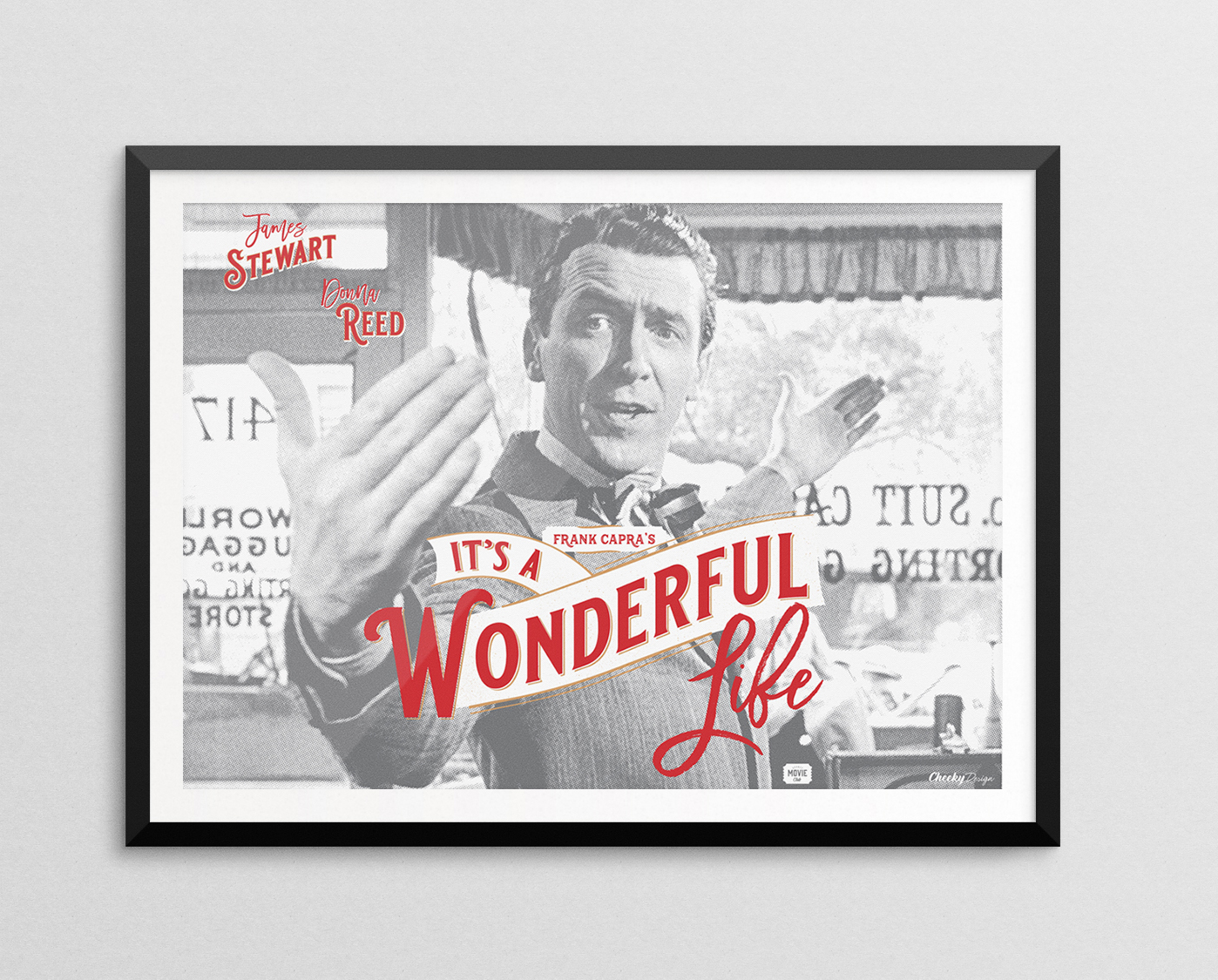 I wanted to take the iconic freeze frame moment of George Bailey and create a clean halftone design with a stylized title.