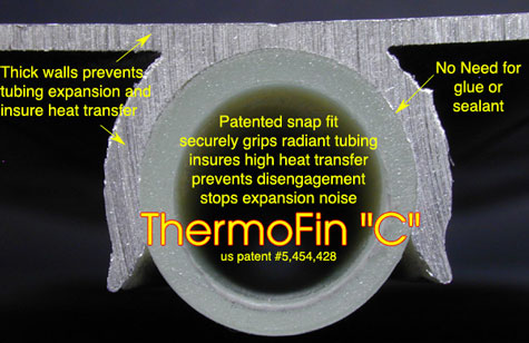 PEX tubing shown snapped into ThermoFin. Tight snap grip insures superior heat transfer, prevents differential expansion between the PEX and the extrusion. This controls tubing expansion and eliminates expansion noises.