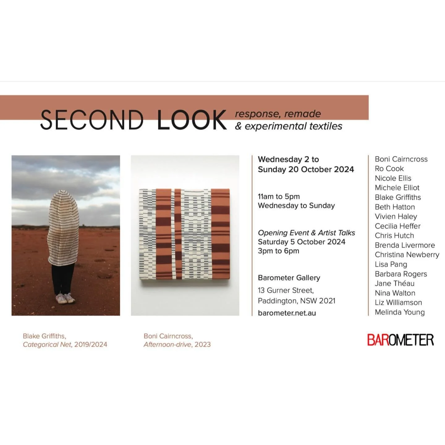 SECOND LOOK
response, remade &amp; experimental textiles 

Opening and artist talks
Saturday 5th October 3.00 - 6.00 pm

@barometergallery 
13 Gurner Street
Paddington

As part of @sydneycraftweek and in association with @australiandesigncentre this 