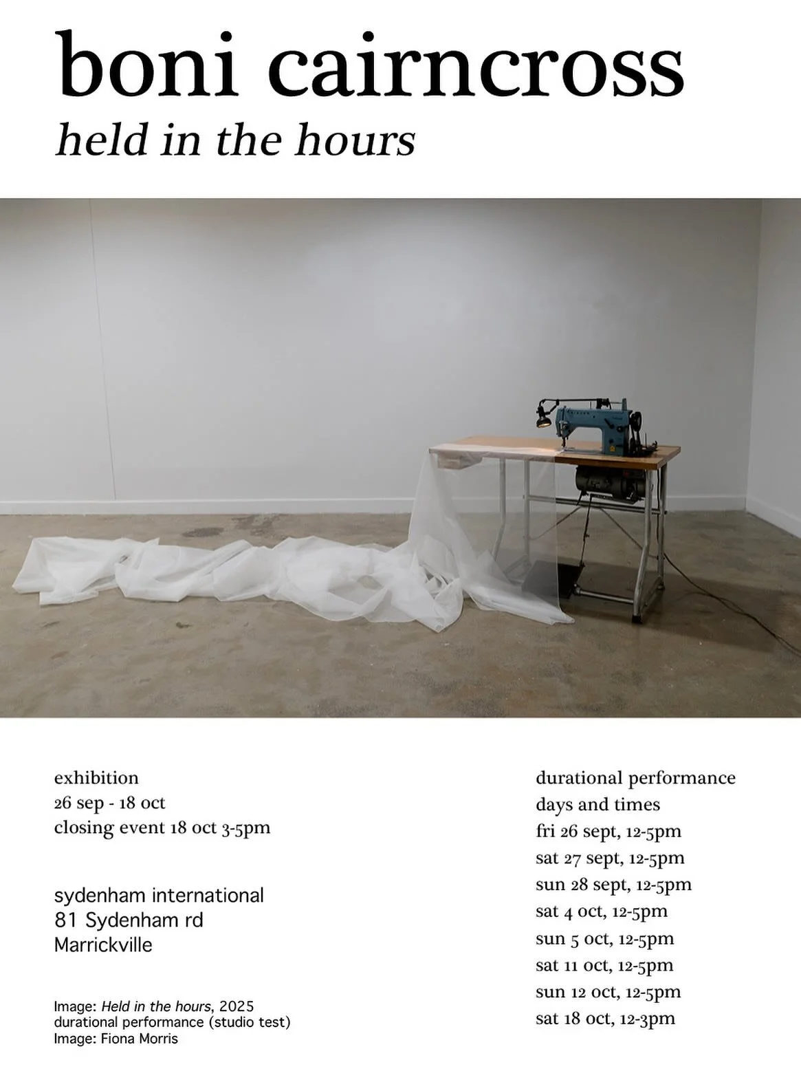 ✨ Upcoming Performance ✨
&lsquo;Held in the hours&rsquo; 
@sydenham_international - 81 Sydenham Rd, Marrickville 

Fri 26 Sept, 12-5pm
Sat &amp; Sun 27 Sept - 18 Oct, 12-5pm 
Closing event: Sat 18 Oct, 3-5pm

I&rsquo;d love to see you there 🧡