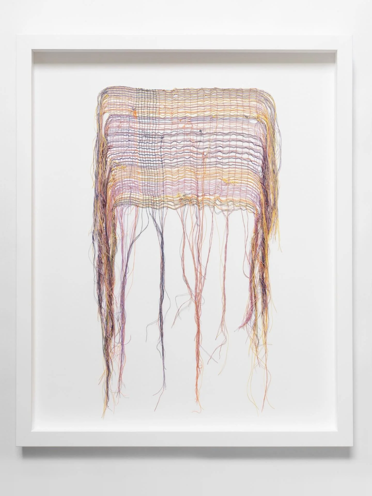&lsquo;Stretching, slowly&rsquo; 2024, cotton thread, 52 x 42cm (framed) 

This is one of the works from Unfolding Out, where I created a series of embroideries following a set of instructions on the sewing machine. Working with a found colour palett