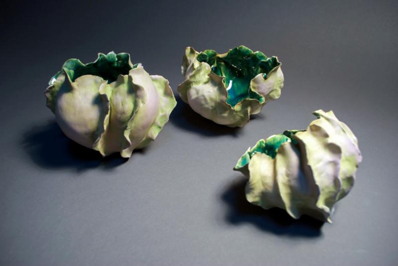 Alice R. Ballard, Pinched Petal Cup Trio White earthenware with airbrushed terra sigillata surface 4 ¼ x 5 ¾ x 5 ¾ inches (largest) 2014 Penland Benefit Auction Opening bid: $575.00