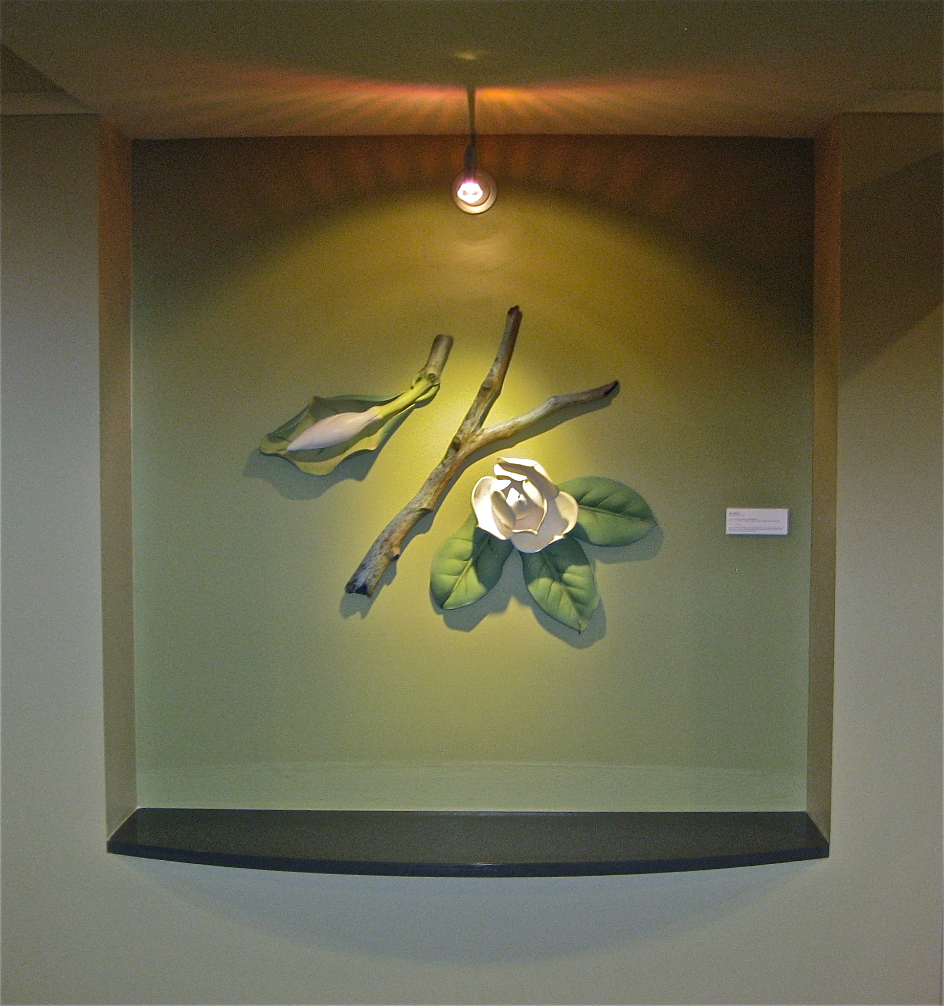 This is one of two of the niches with work inspired by the Southern Magnolia. This one represents spring and summer. The other was representative of fall and winter. The niches were approximately 5 x 6 feet. All elements were created with white earthenware and colored with oxides and colored terra sigillata. 