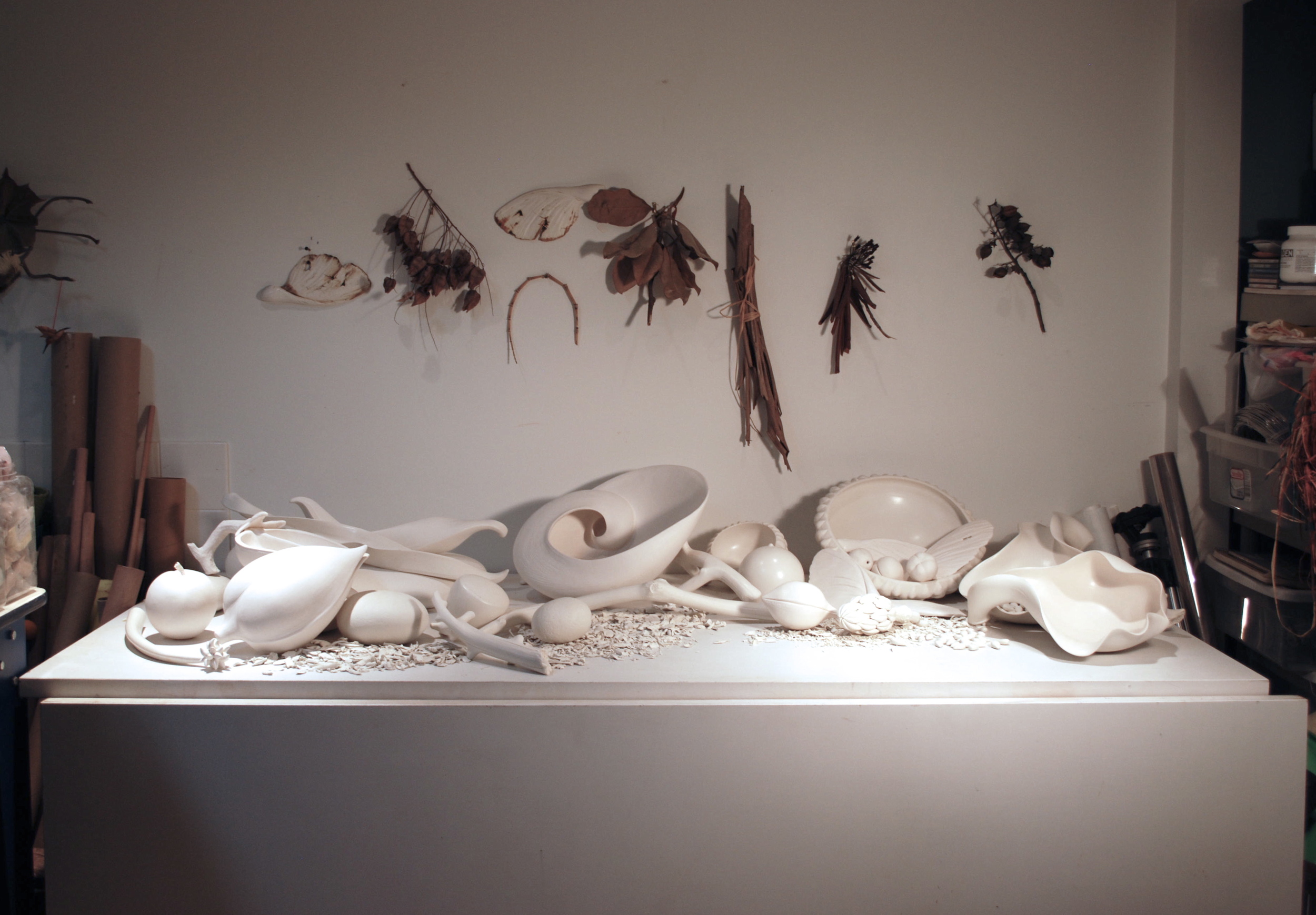 This is only part of this ever evolving installation. Parts sell, new pieces are added. All are connected to things I collect on my walks. Each piece carries a special memory of the place it was discovered...