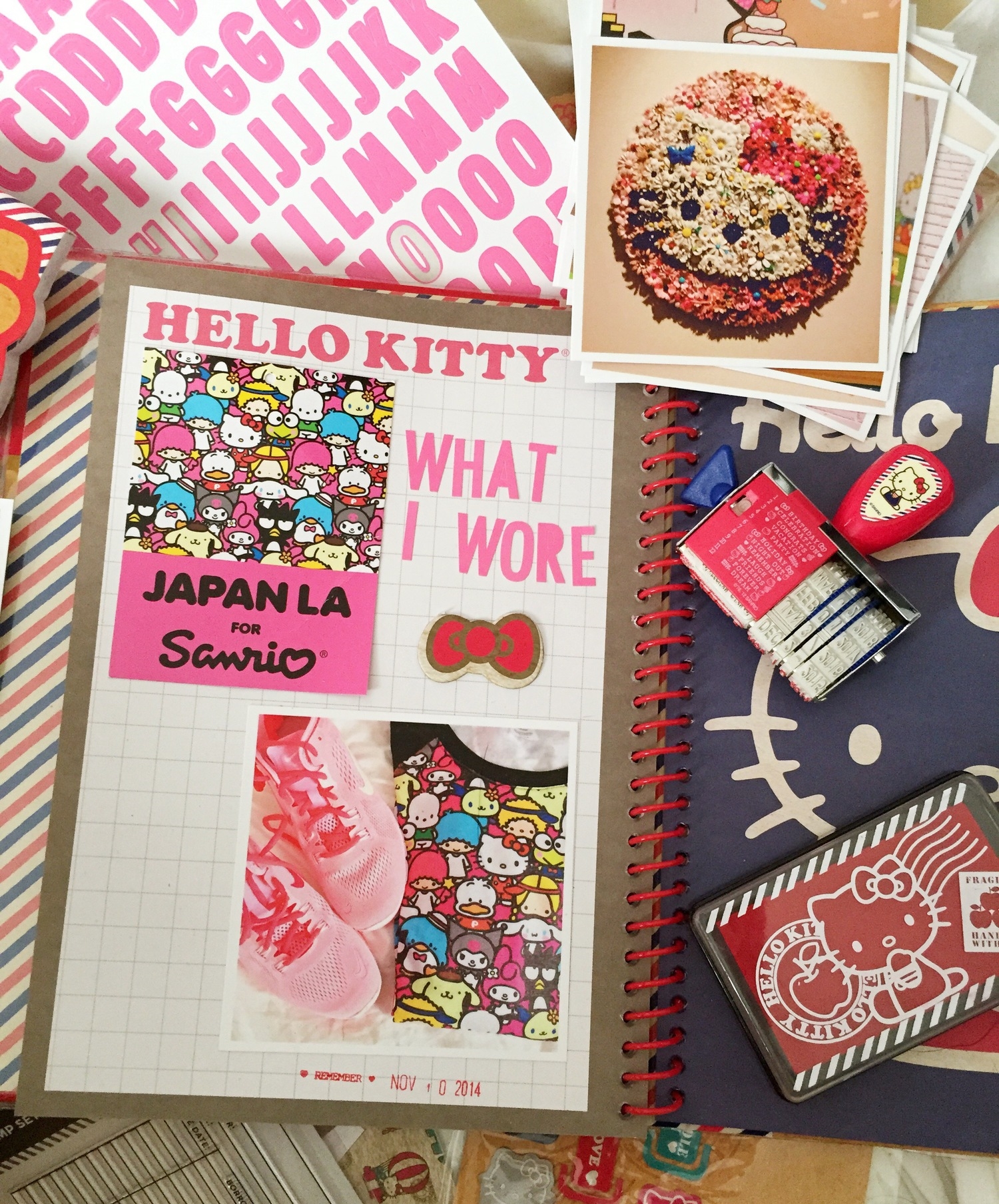 Hello Kitty Con offered scrapbooking work classes and the scrapbook packs were half off, I thought Hello Kitty Con would be a great start to my first scrapbook. Yes, it's sloppy but I had so much fun. Things like saving tags from favorite clothing will no longer make me feel like a hoarder. 