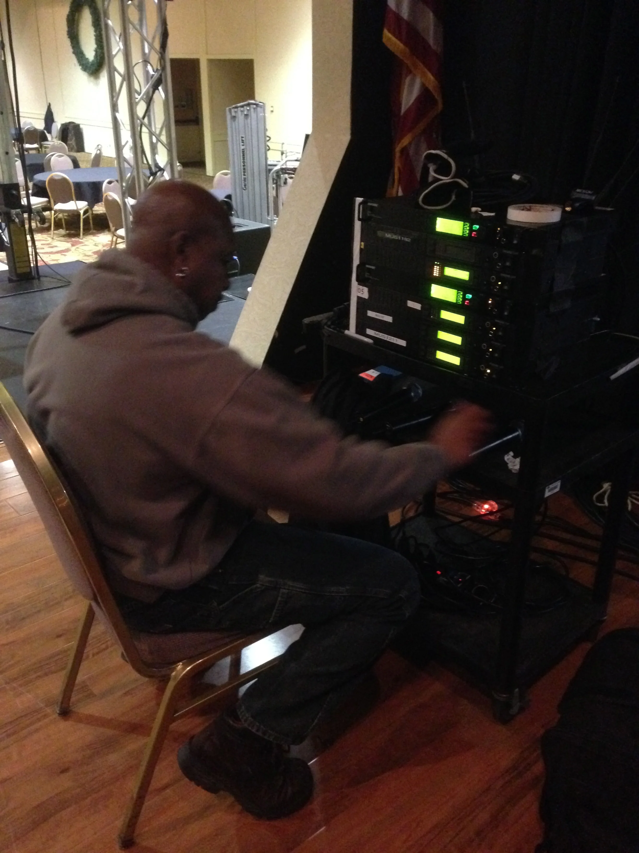 Tony programming the wireless mics.