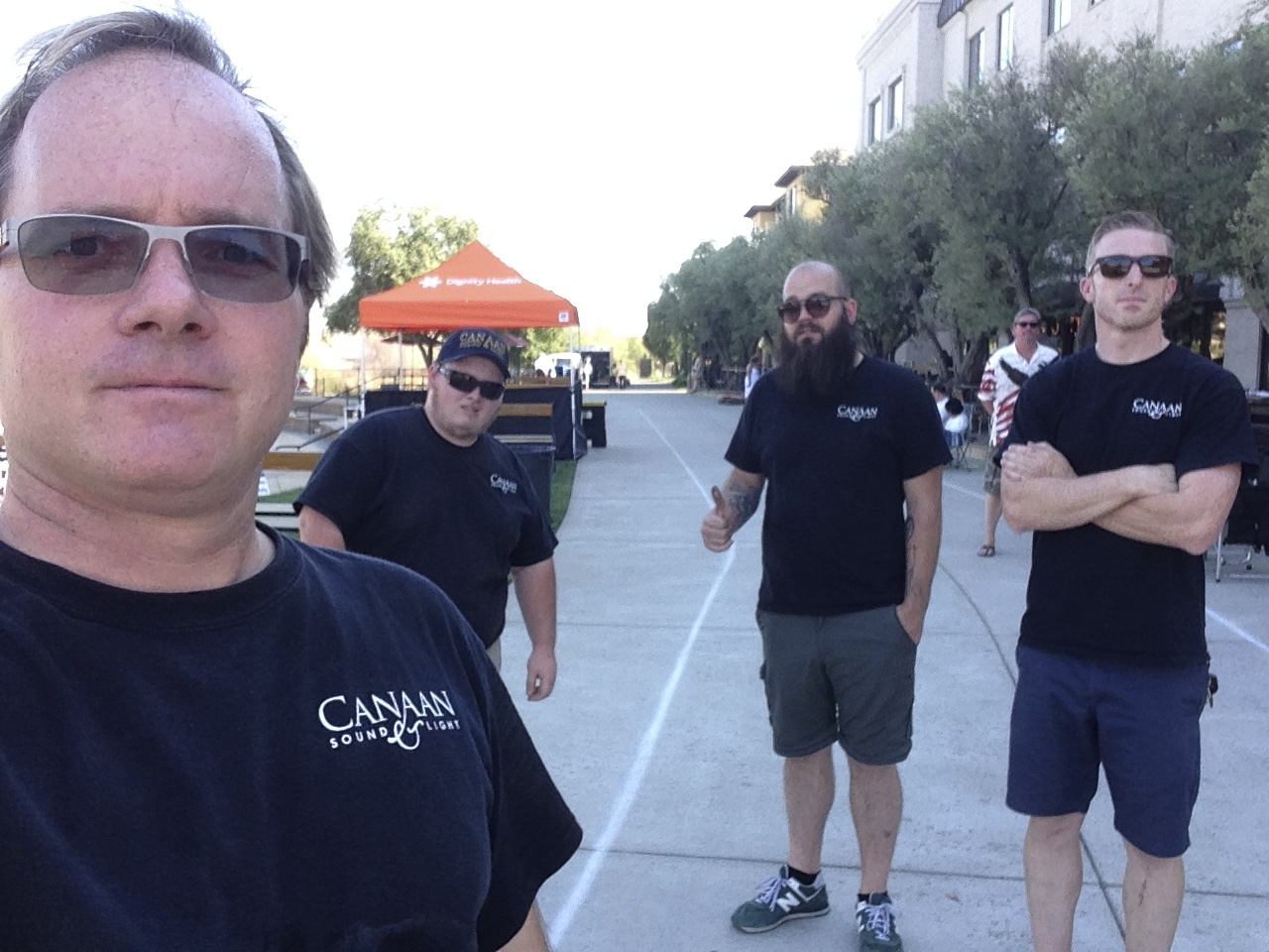 Jon, Ryan, Ira and Chris. On our way to Mongolian BBQ after a long, hot setup.