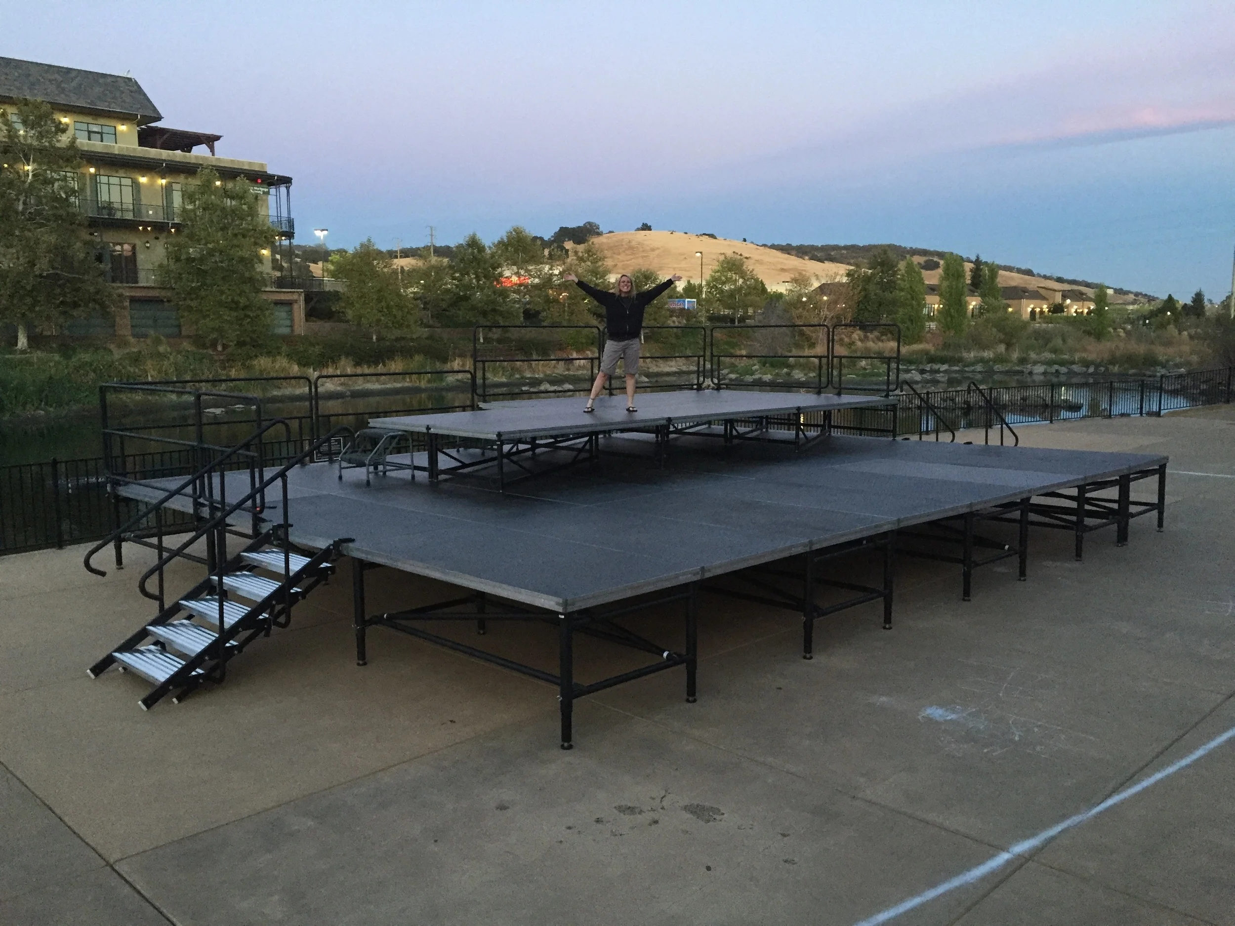 Stage for TOWER OF POWER. 32'x24'x3' with an 8'x24' riser and a 4'x16' riser behind it.