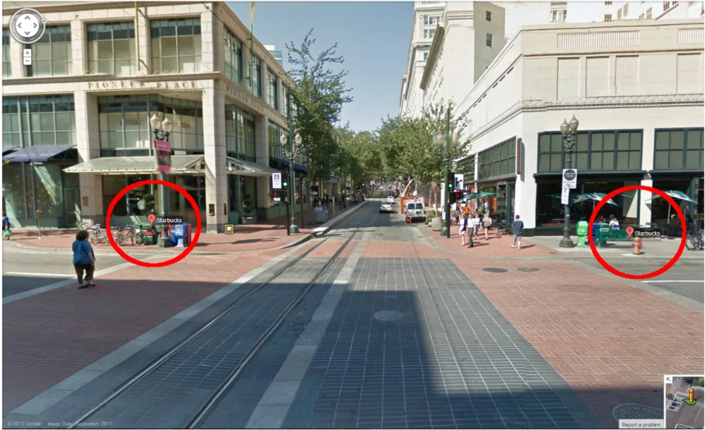2 Starbucks coffee shops across the street from eachother