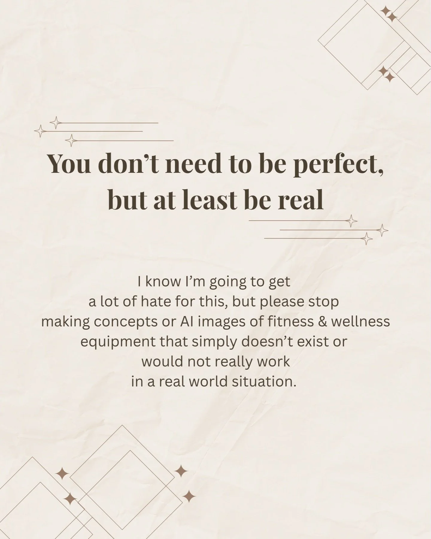 I know I&rsquo;m going to get a little heat for this 🔥😅 but I finally have to say it, because it seems to be getting worse, not better:

Can we please stop posting AI &ldquo;home gyms &amp; fitness equipment&rdquo; that looks gorgeous&hellip; but w