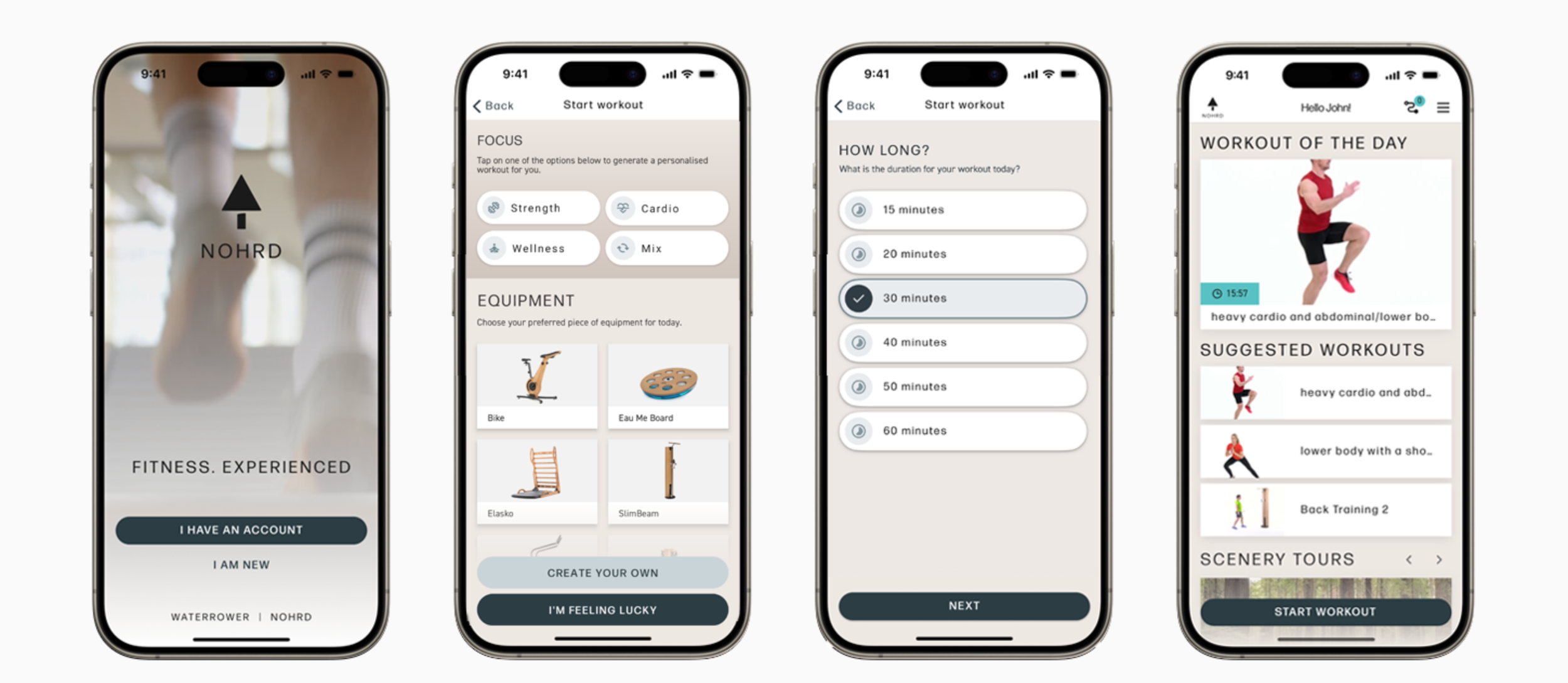 Close-up of the NOHRD fitness experience app on and iphone.