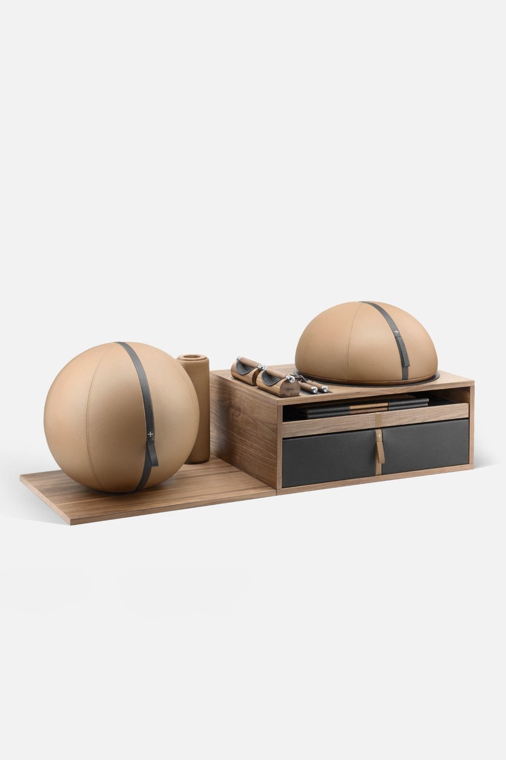 Product shot of the PENT RACKA fitness accessory set in walnut.